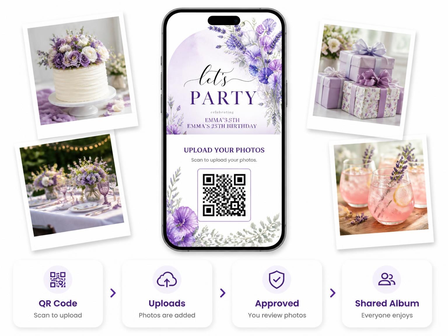 The shared photo gallery that comes with the Sweet Pea Lavender 25th Birthday Invitation invitation