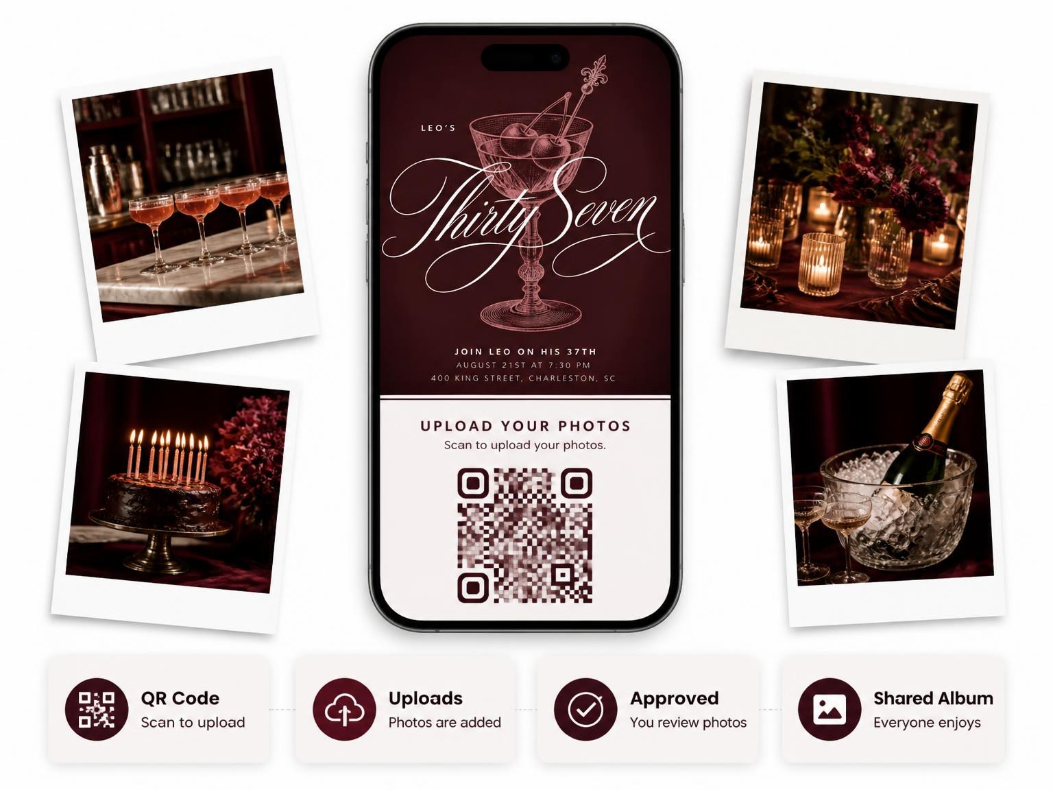 The shared photo gallery that comes with the Burgundy Cocktail 37th Birthday Invitation invitation