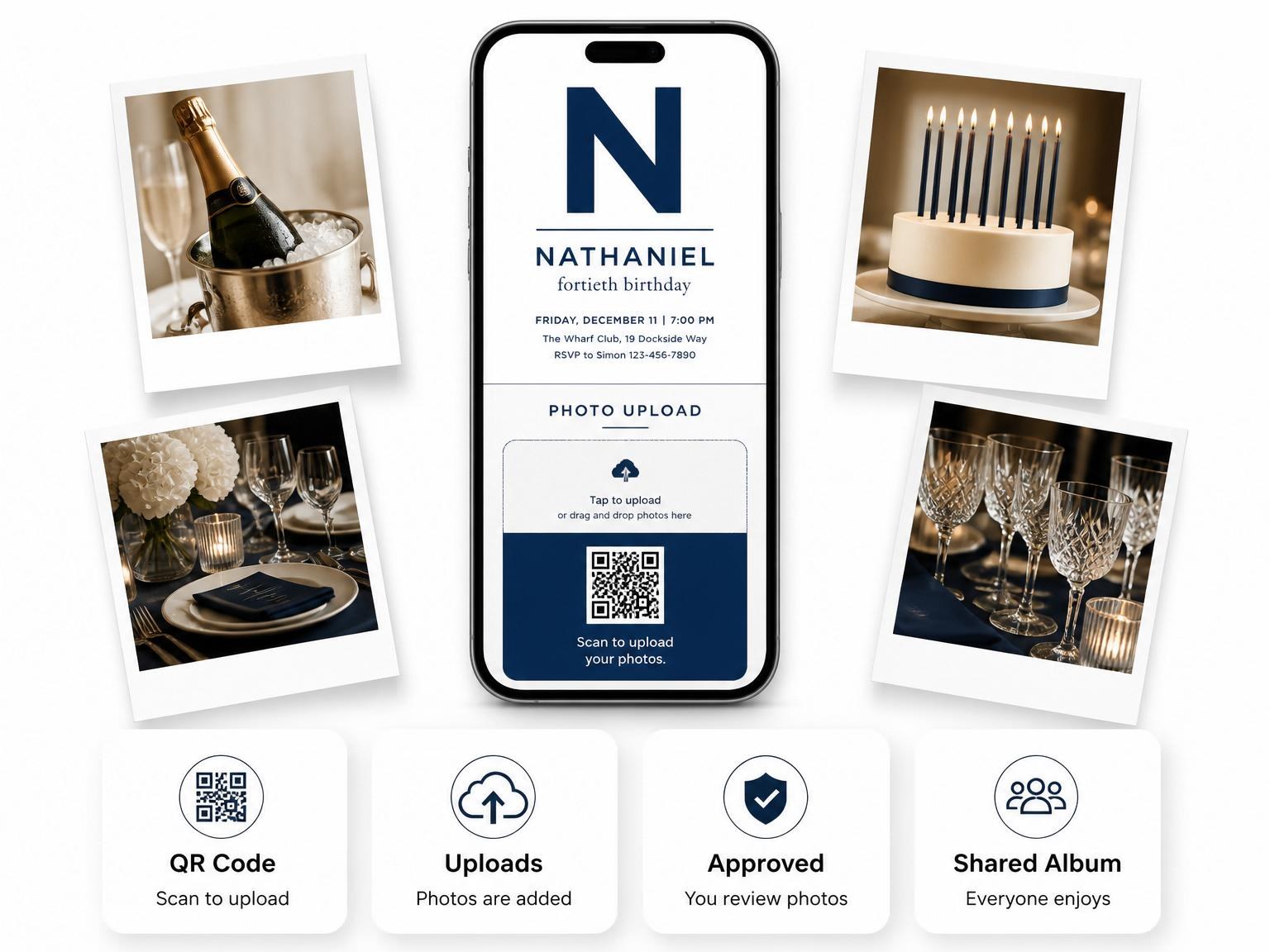 The shared photo gallery that comes with the Navy Minimalist Monogram 40th Birthday Invitation invitation