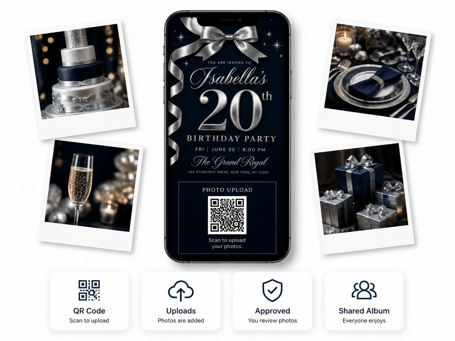 The shared photo gallery that comes with the Silver Ribbon Starburst 20th Birthday Invitation invitation
