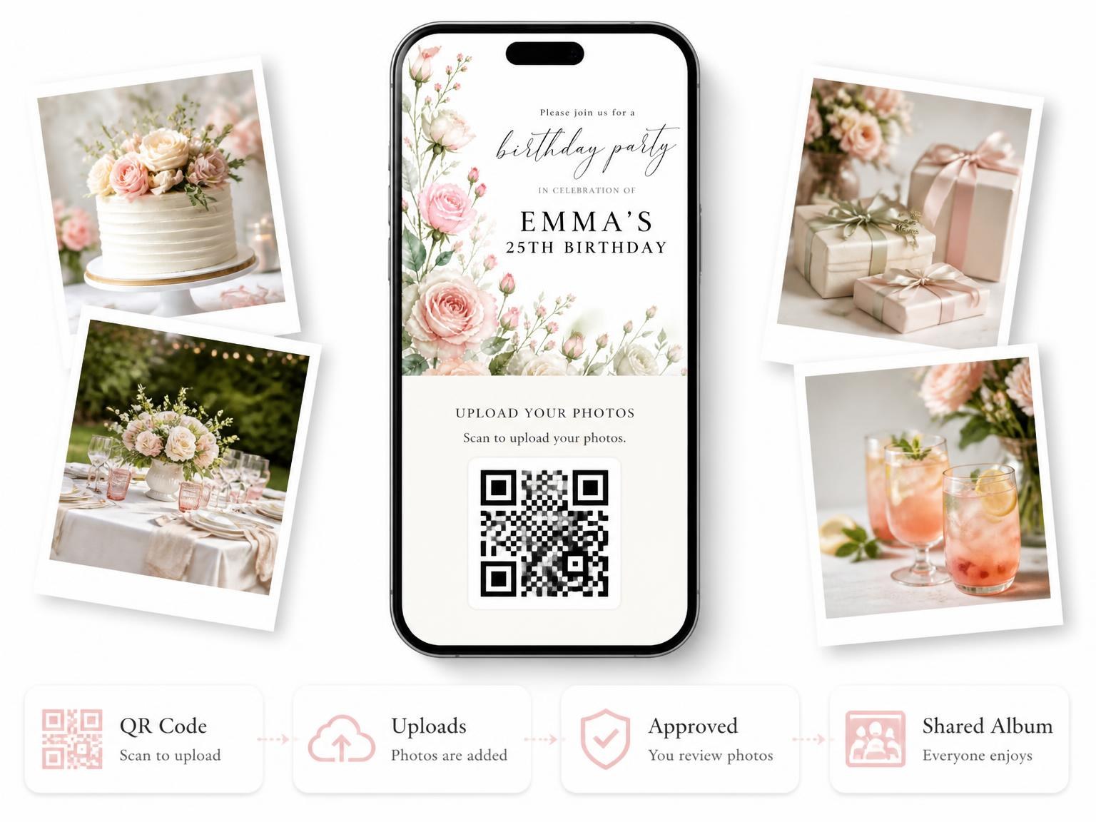 The shared photo gallery that comes with the Rose Bouquet Blush 25th Birthday Invitation invitation