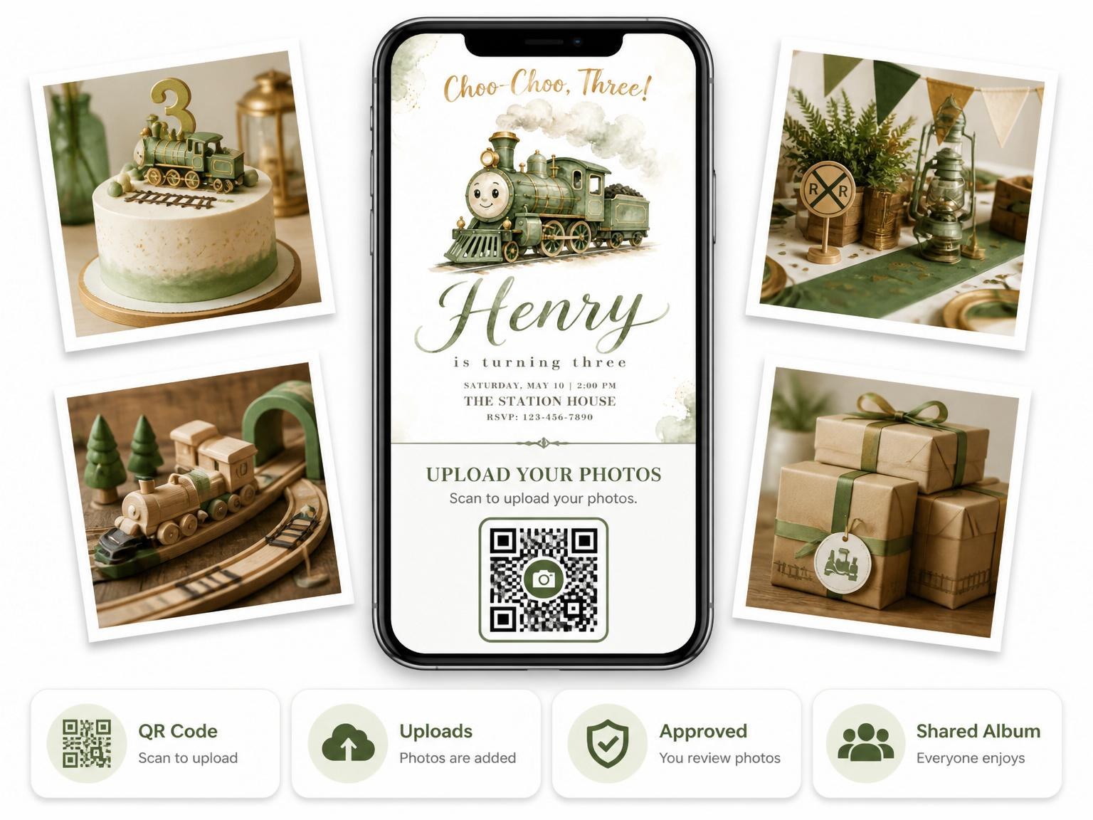 The shared photo gallery that comes with the Watercolor Steam Engine 3rd Birthday invitation