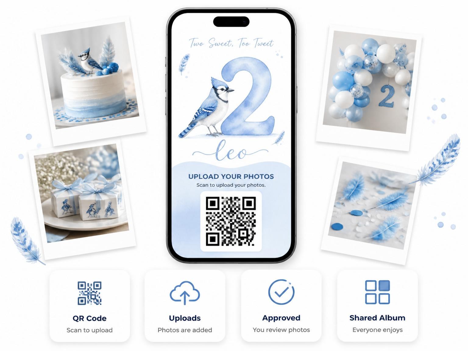 The shared photo gallery that comes with the Watercolor Blue Jay 2nd Birthday invitation