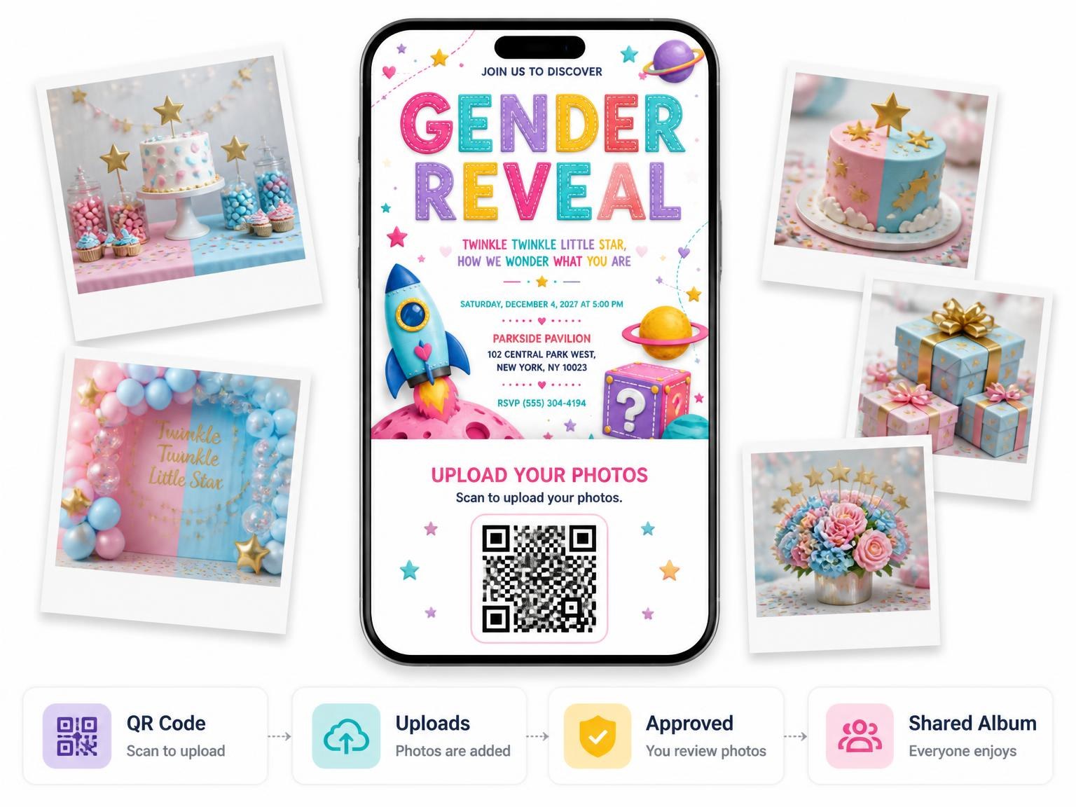 The shared photo gallery that comes with the Clay Space Gender Reveal Invitation invitation