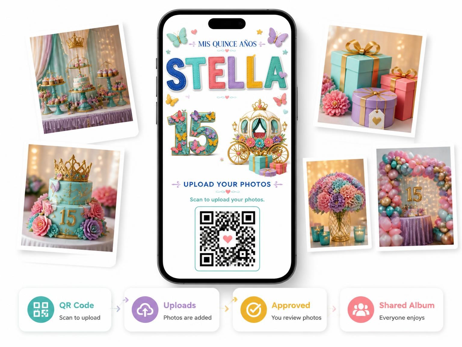 The shared photo gallery that comes with the Fairytale Princess Quinceañera Invitation invitation
