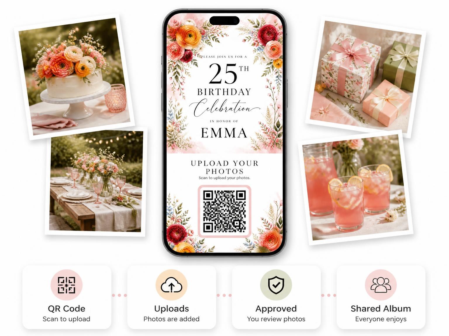 The shared photo gallery that comes with the Bouquet Framing Golden 25th Birthday Invitation invitation