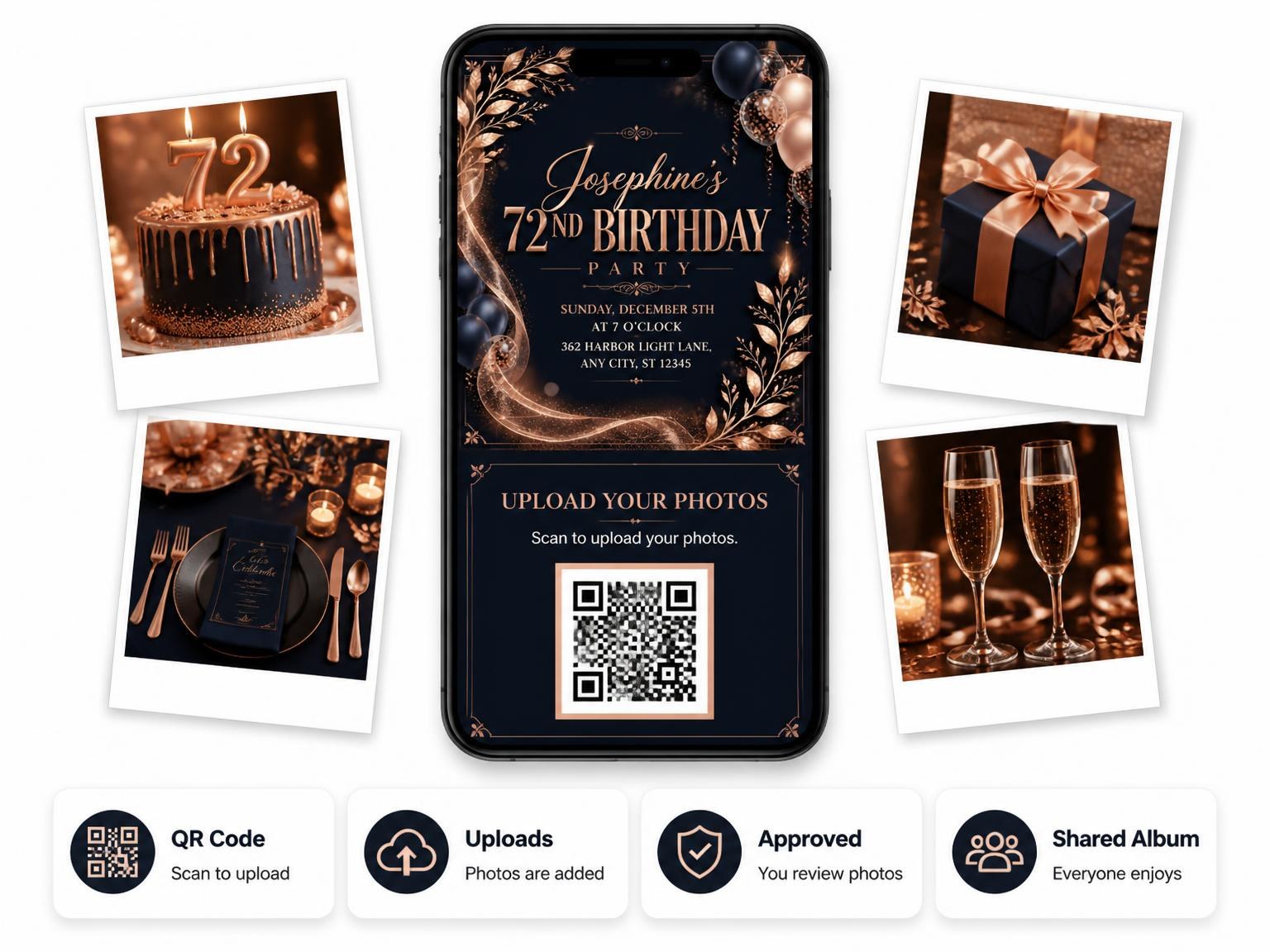 The shared photo gallery that comes with the Navy and Rose Gold 72nd Birthday Invitation invitation