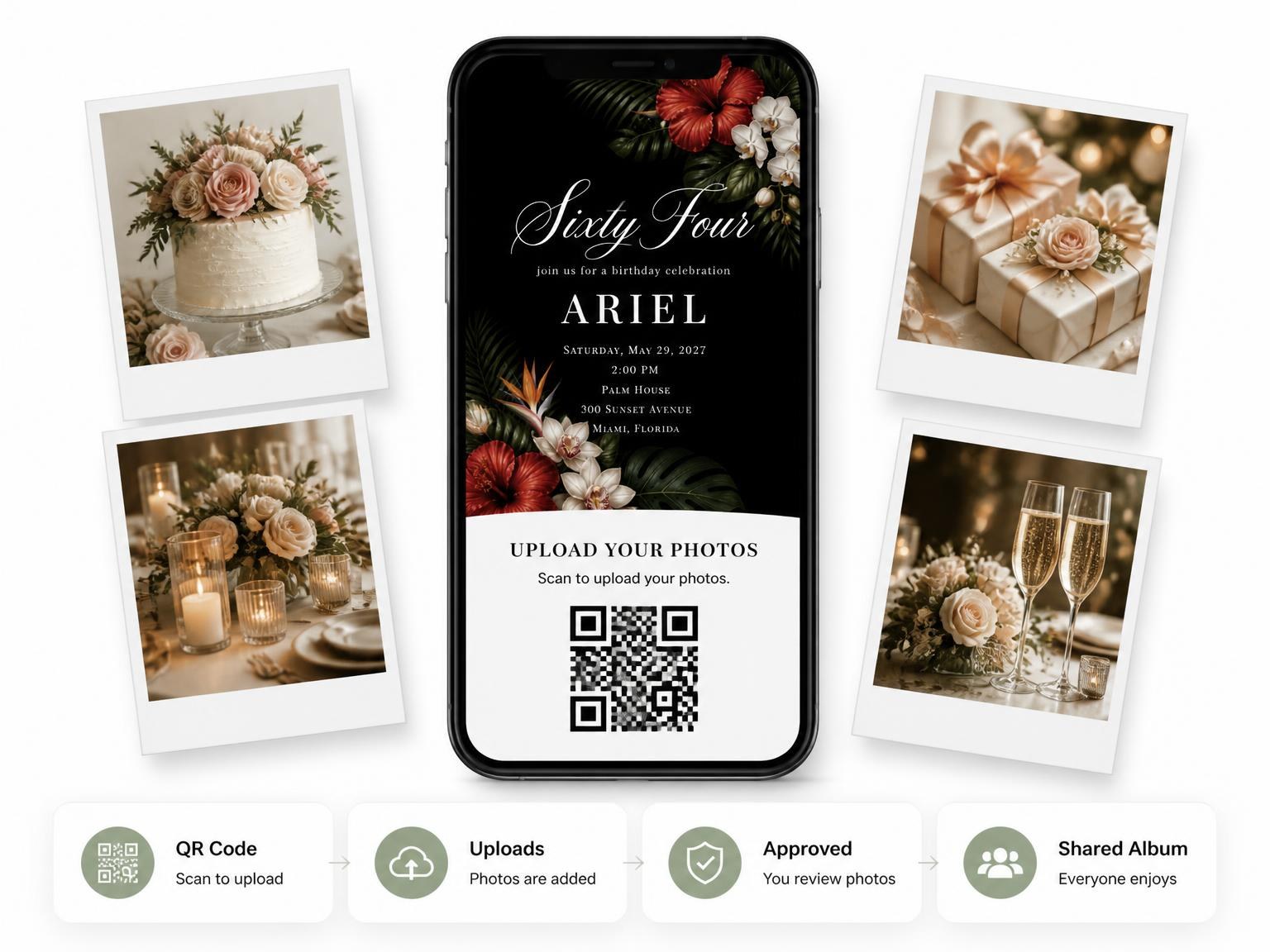 The shared photo gallery that comes with the Black Floral 64th Birthday Invitation invitation