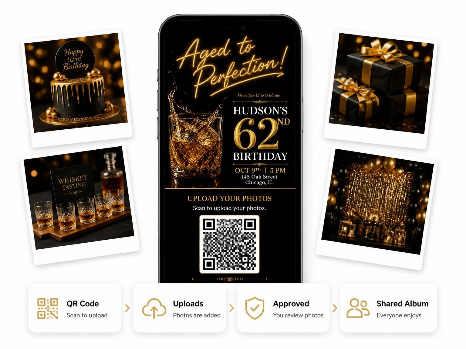 The shared photo gallery that comes with the Whiskey Rocks 62nd Birthday Invitation invitation