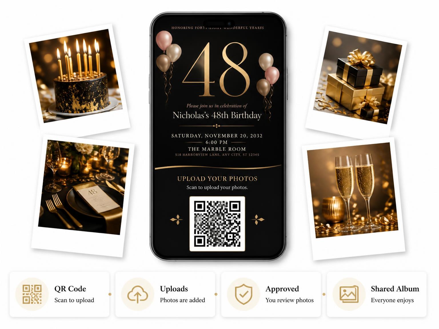 The shared photo gallery that comes with the Charcoal and Blush 48th Birthday Invitation invitation