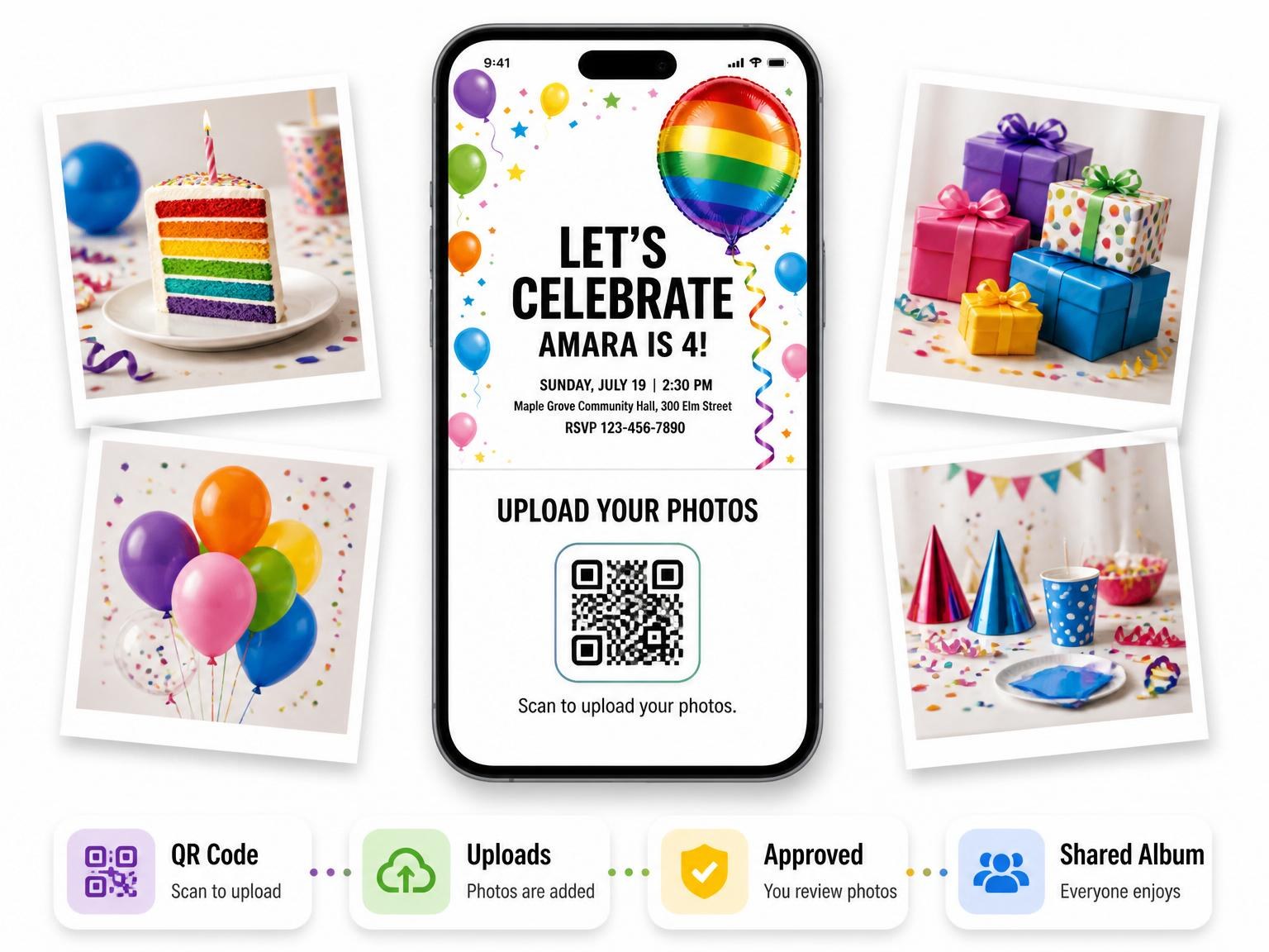 The shared photo gallery that comes with the Rainbow Balloon Confetti 4th Birthday invitation