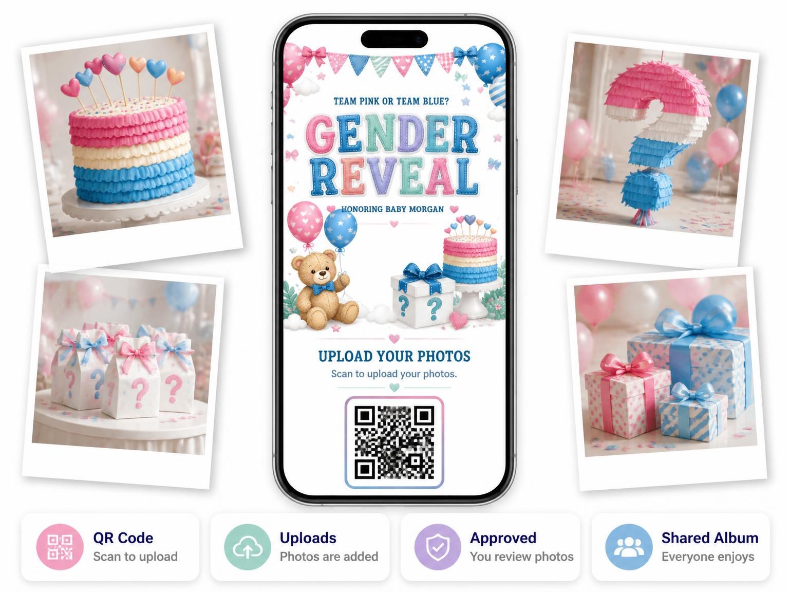 The shared photo gallery that comes with the Tiered Cake Gender Reveal Invitation invitation