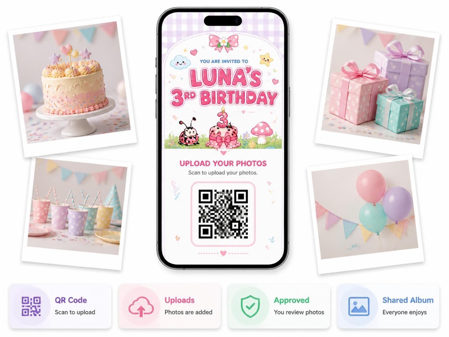 The shared photo gallery that comes with the Pastel Ladybug 3rd Birthday Invitation invitation