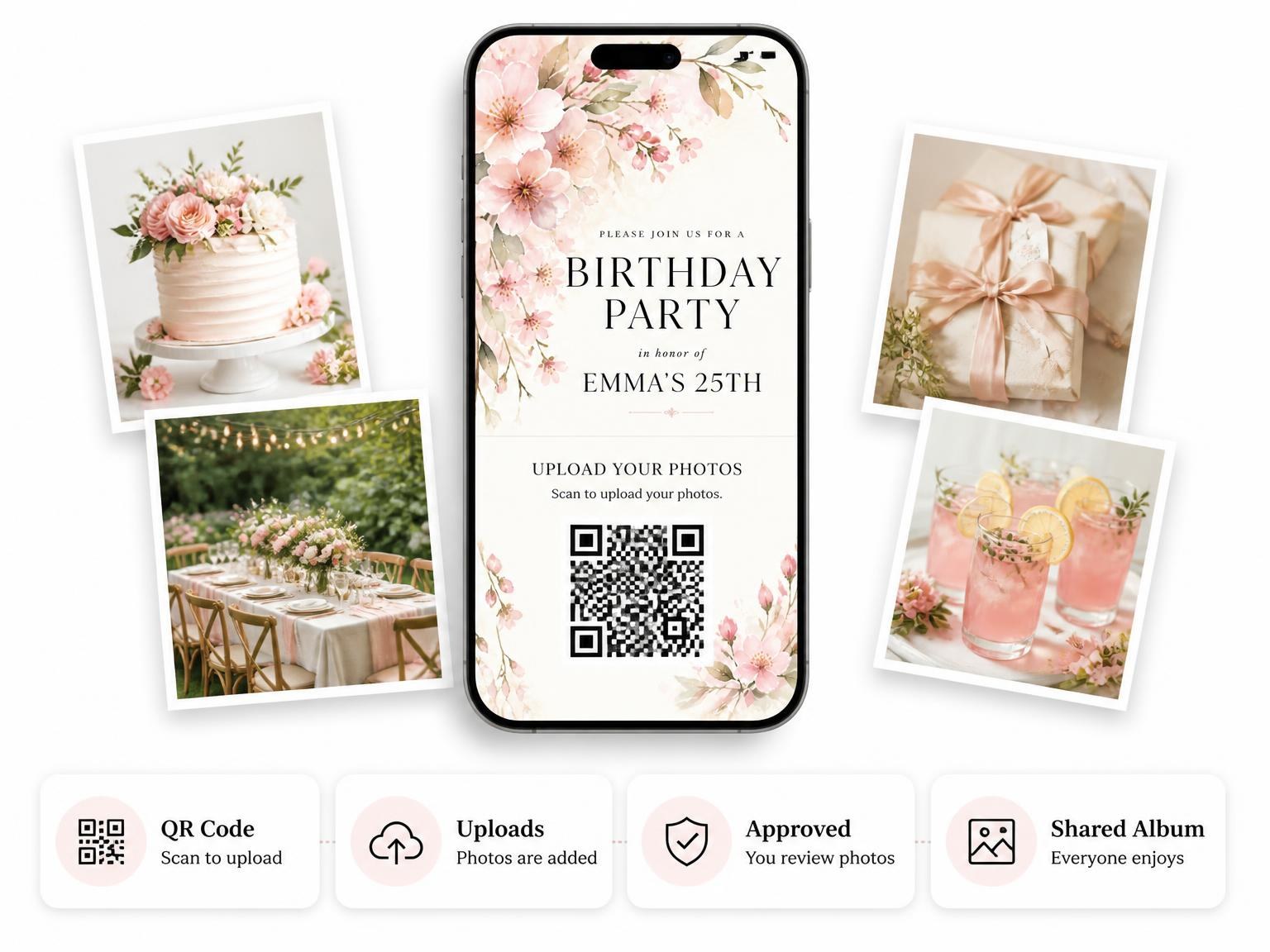 The shared photo gallery that comes with the Blossom Branch Blush 25th Birthday Invitation invitation