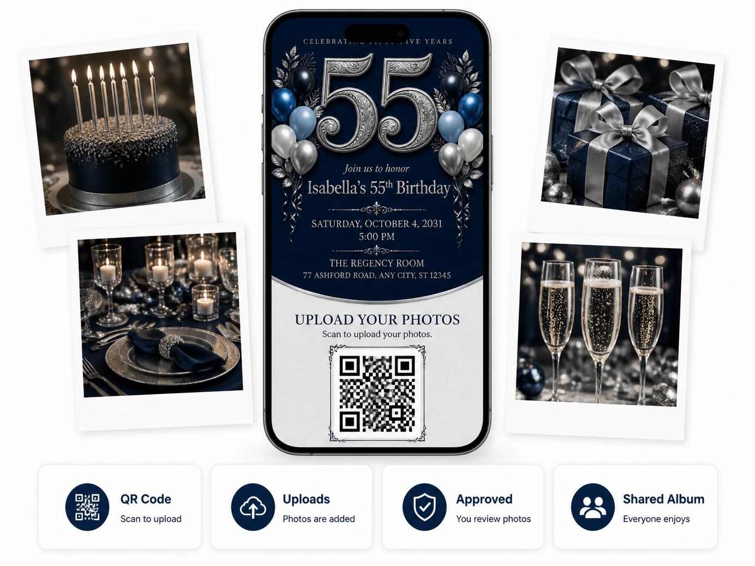 The shared photo gallery that comes with the Navy and Silver 55th Birthday Invitation invitation
