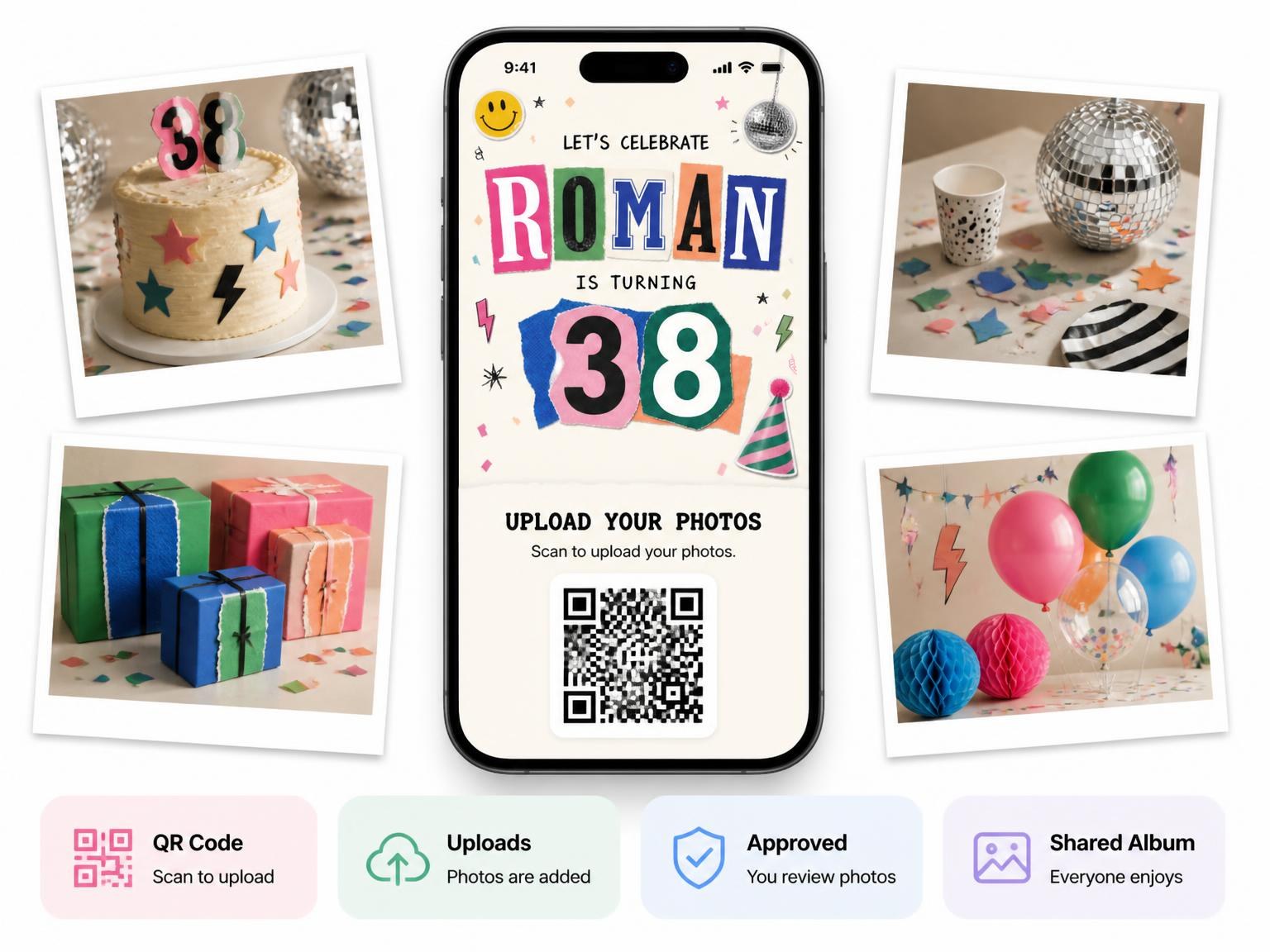 The shared photo gallery that comes with the Retro Paper Collage 38th Birthday Invitation invitation