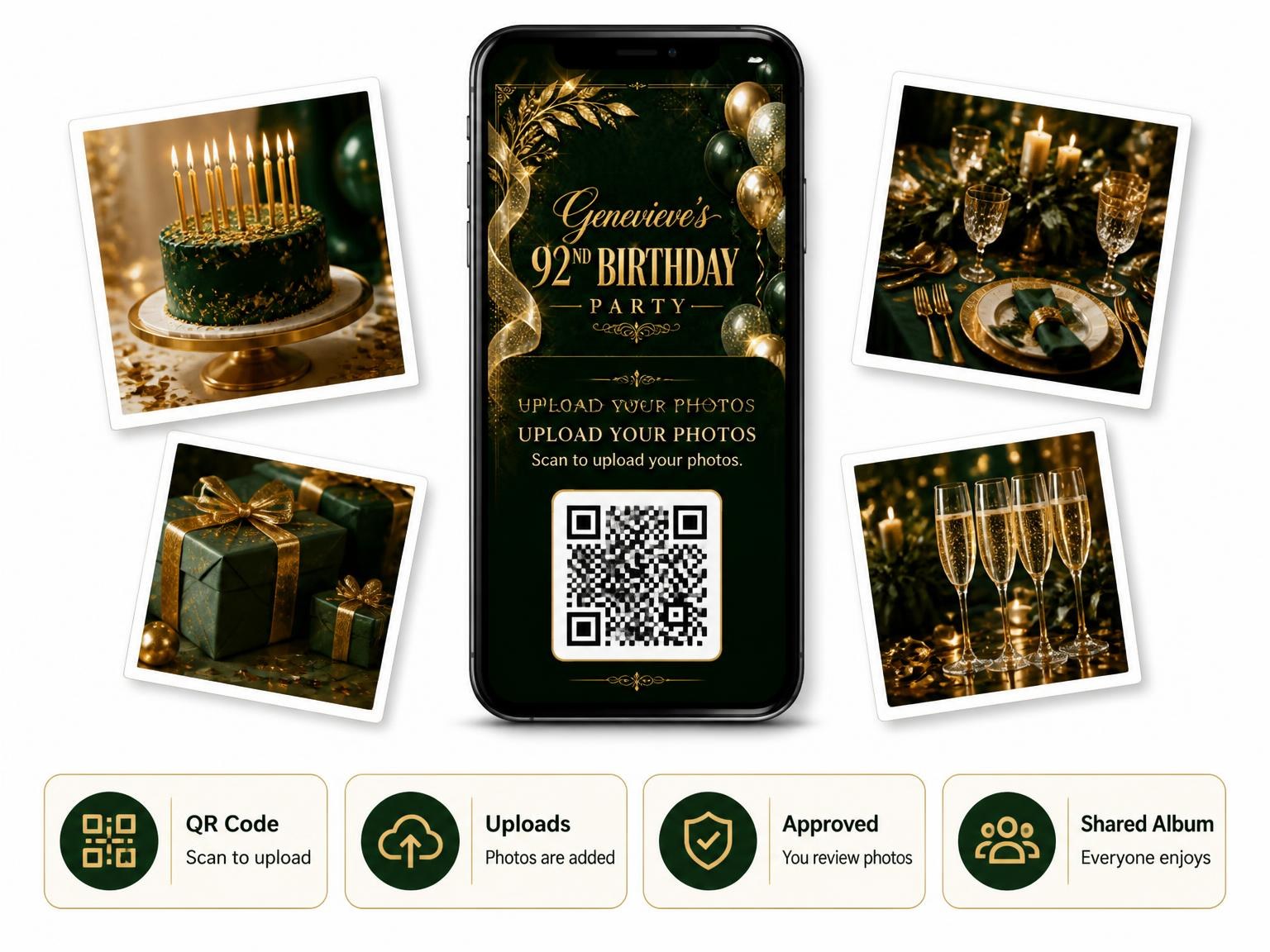 The shared photo gallery that comes with the Emerald and Champagne 92nd Birthday Invitation invitation