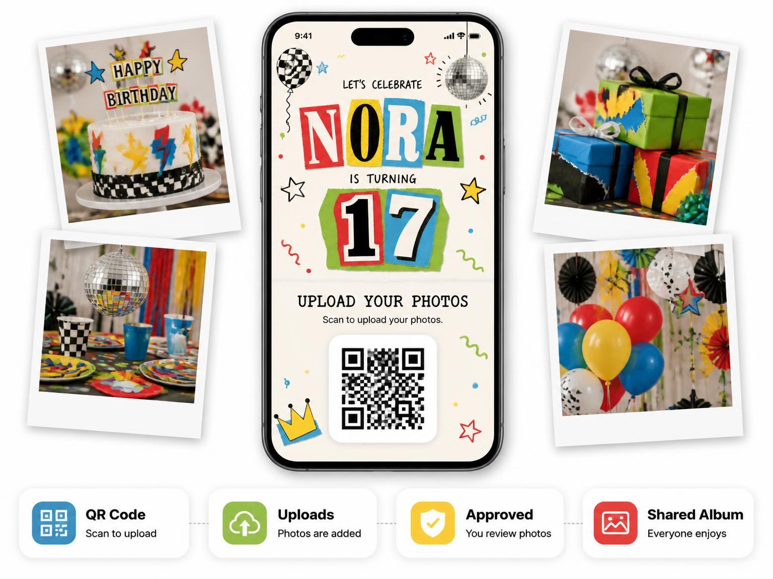 The shared photo gallery that comes with the Retro Paper Collage 17th Birthday Invitation invitation