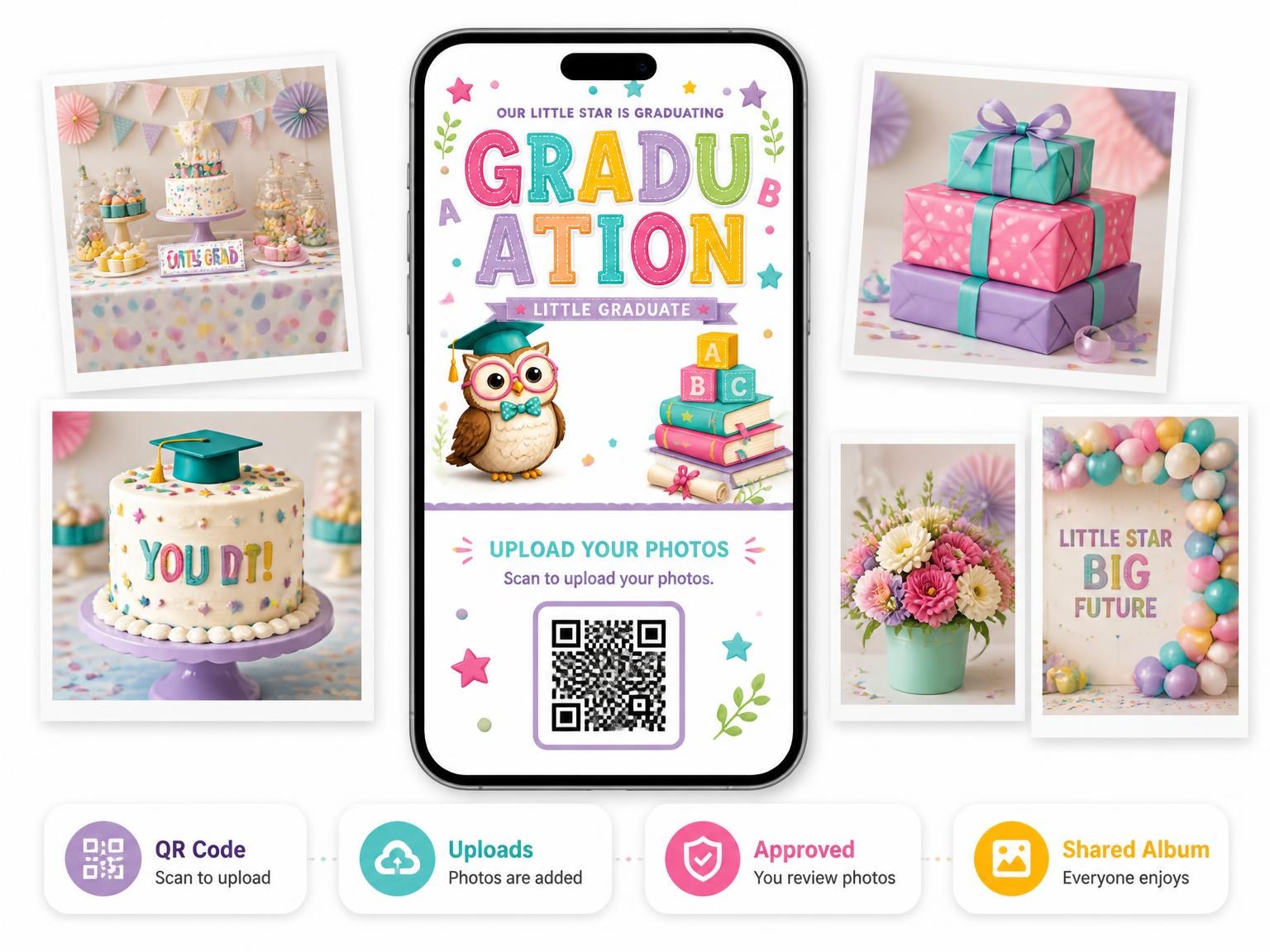 The shared photo gallery that comes with the Graduate Owl Graduation Invitation invitation