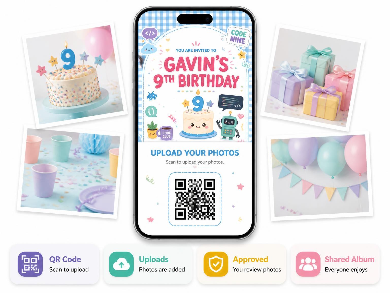 The shared photo gallery that comes with the Robot Kawaii Pastel 9th Birthday Invitation invitation