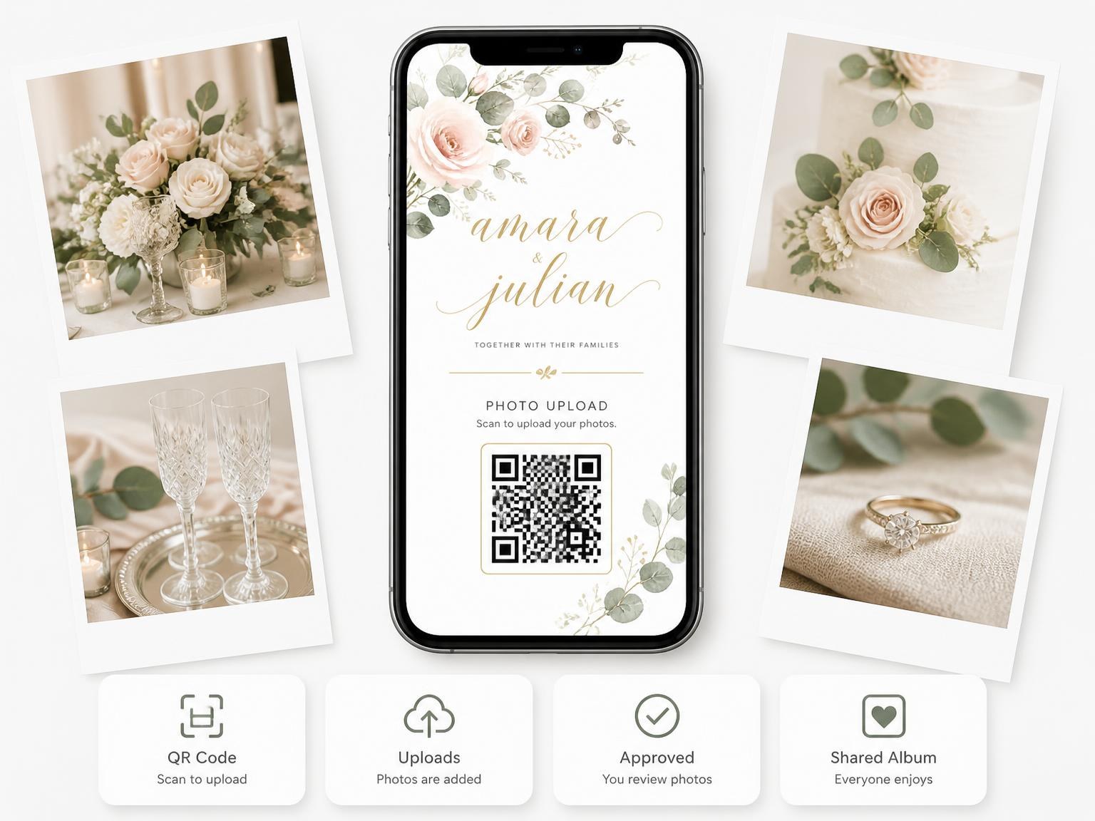 The shared photo gallery that comes with the Blush Rose Eucalyptus Wedding Invitation invitation