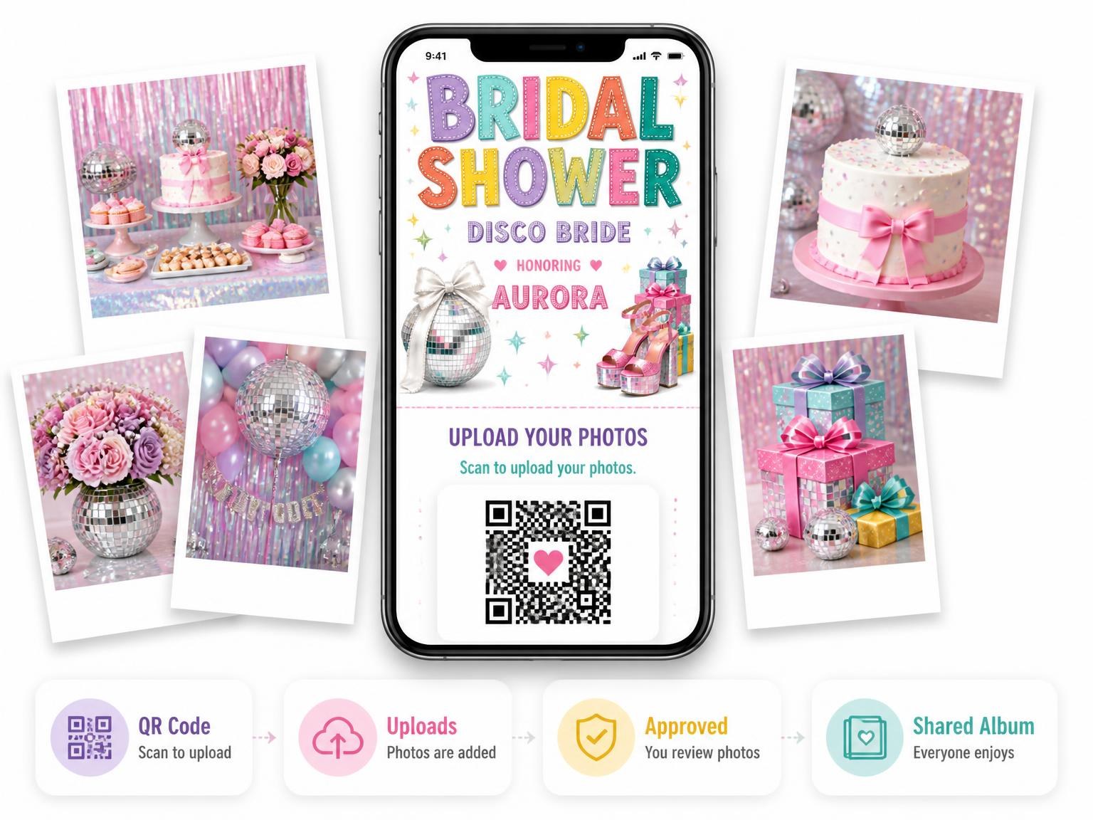 The shared photo gallery that comes with the Disco Ball Bridal Shower Invitation invitation