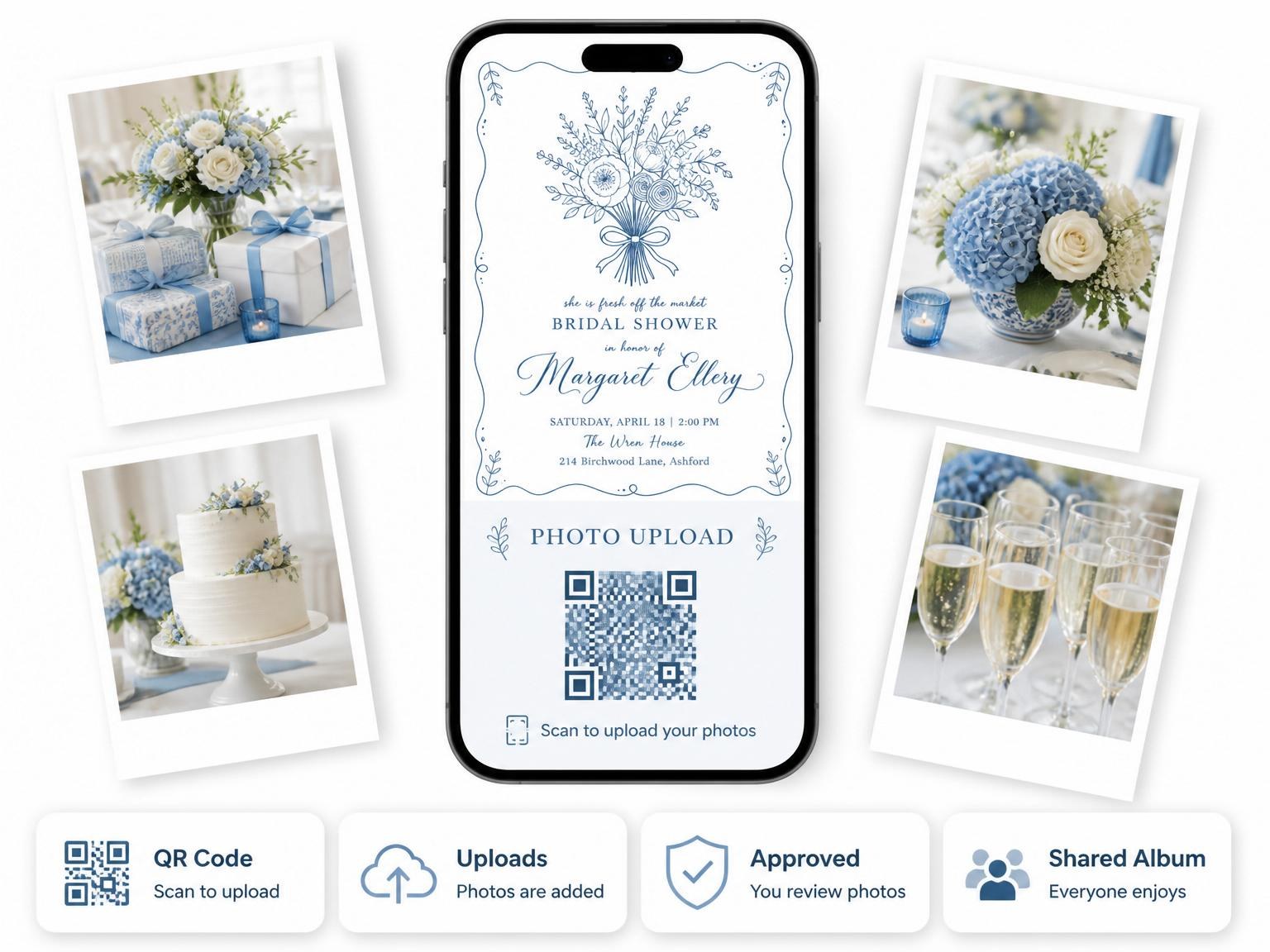 The shared photo gallery that comes with the Blue Line-Art Floral Bridal Shower invitation