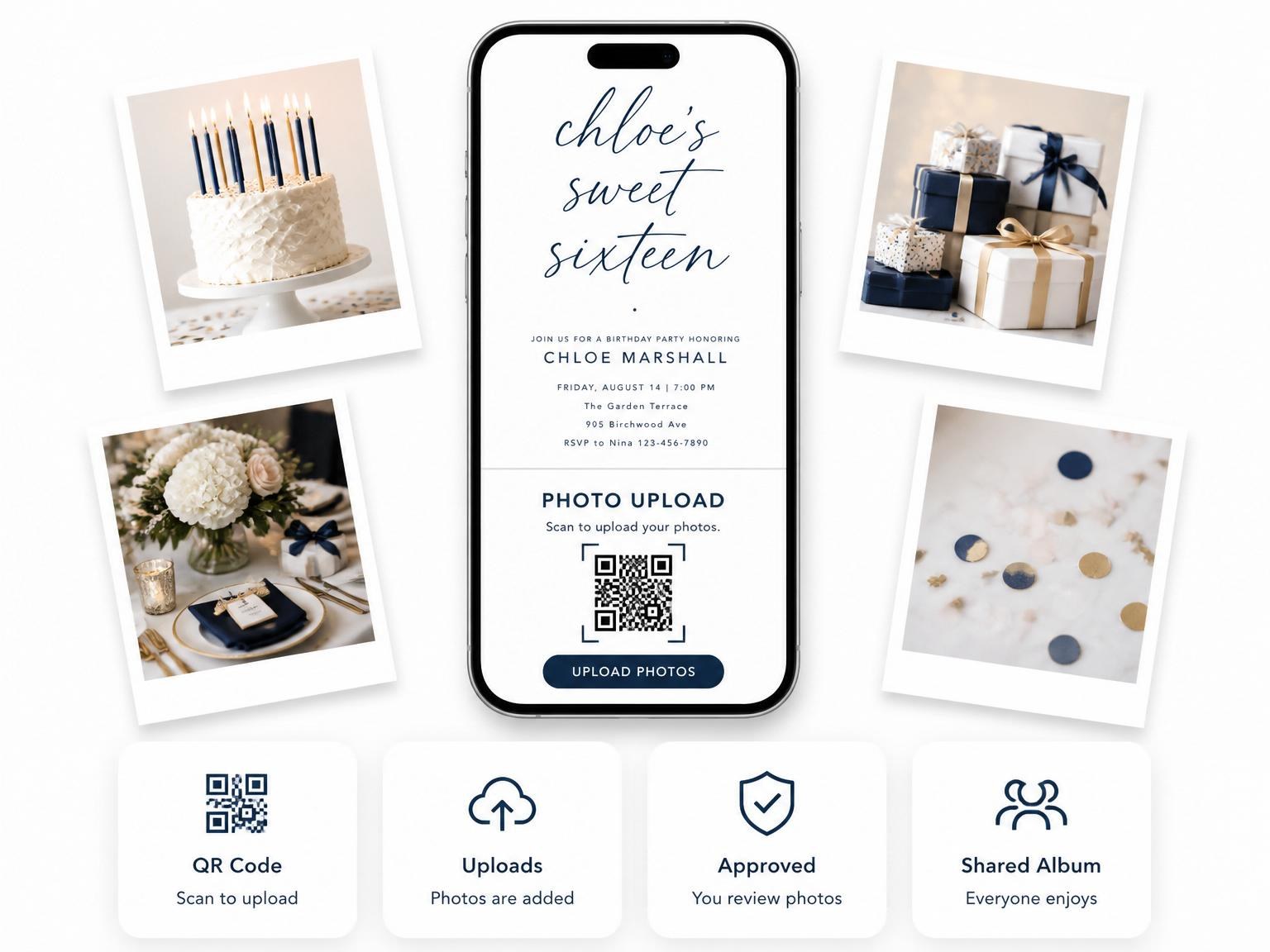The shared photo gallery that comes with the Navy Script Minimalist Sweet Sixteen invitation