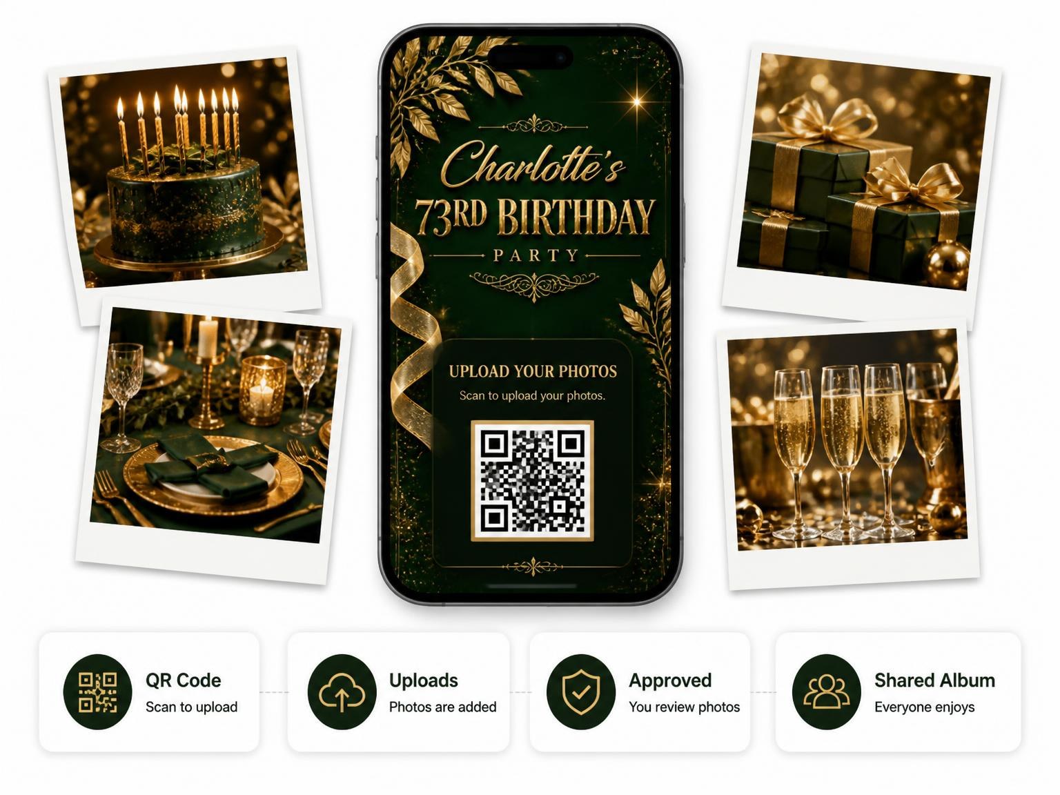 The shared photo gallery that comes with the Emerald and Champagne 73rd Birthday Invitation invitation