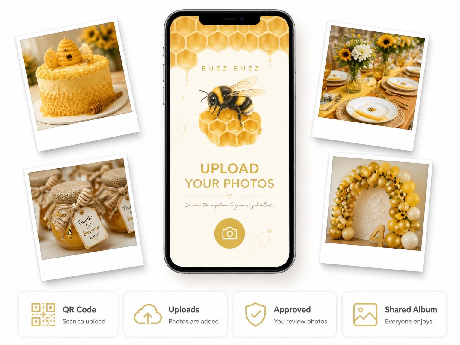 The shared photo gallery that comes with the Watercolor Bumblebee Honeycomb 4th Birthday Invitation invitation