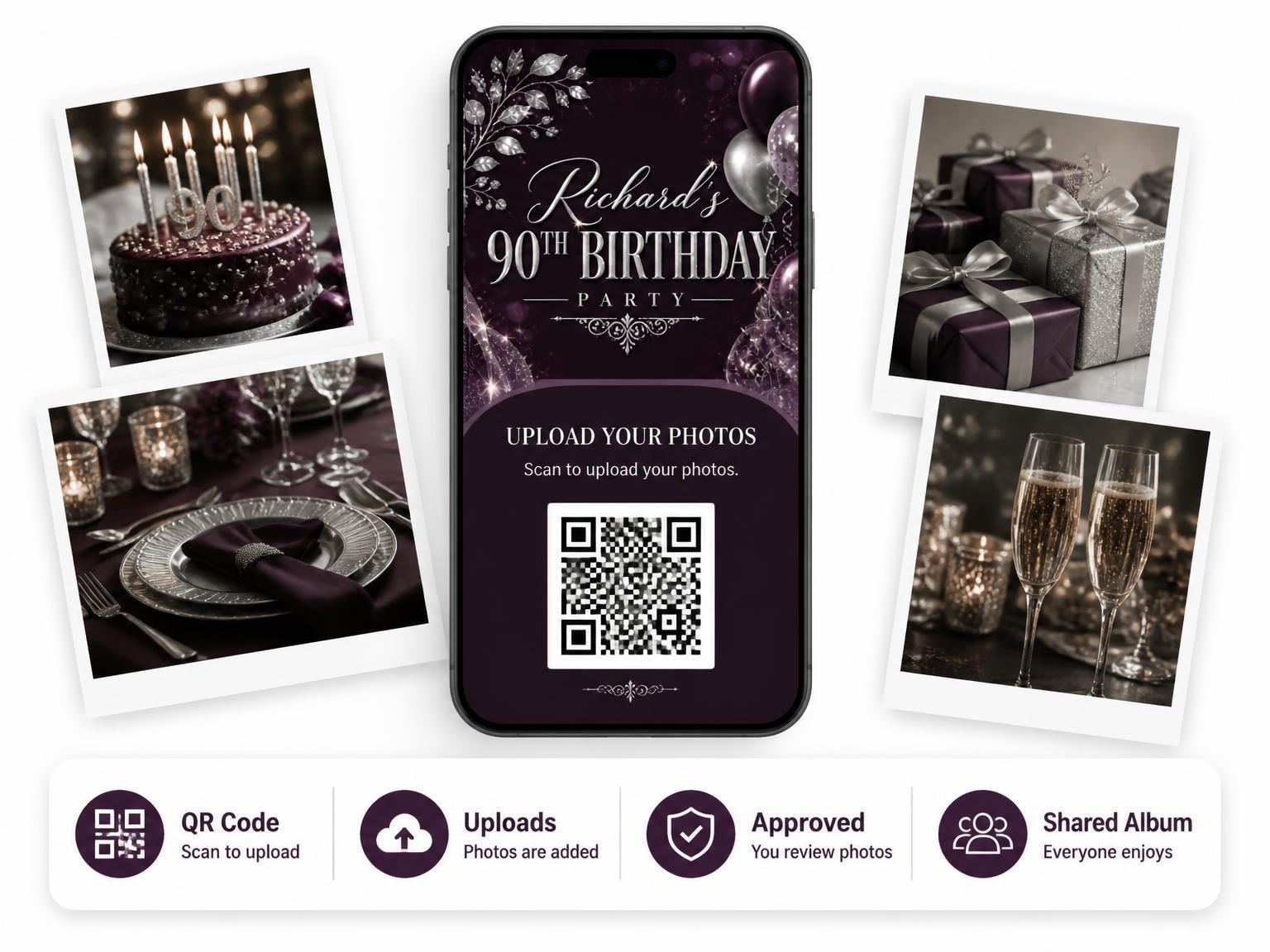The shared photo gallery that comes with the Plum and Silver 90th Birthday Invitation invitation