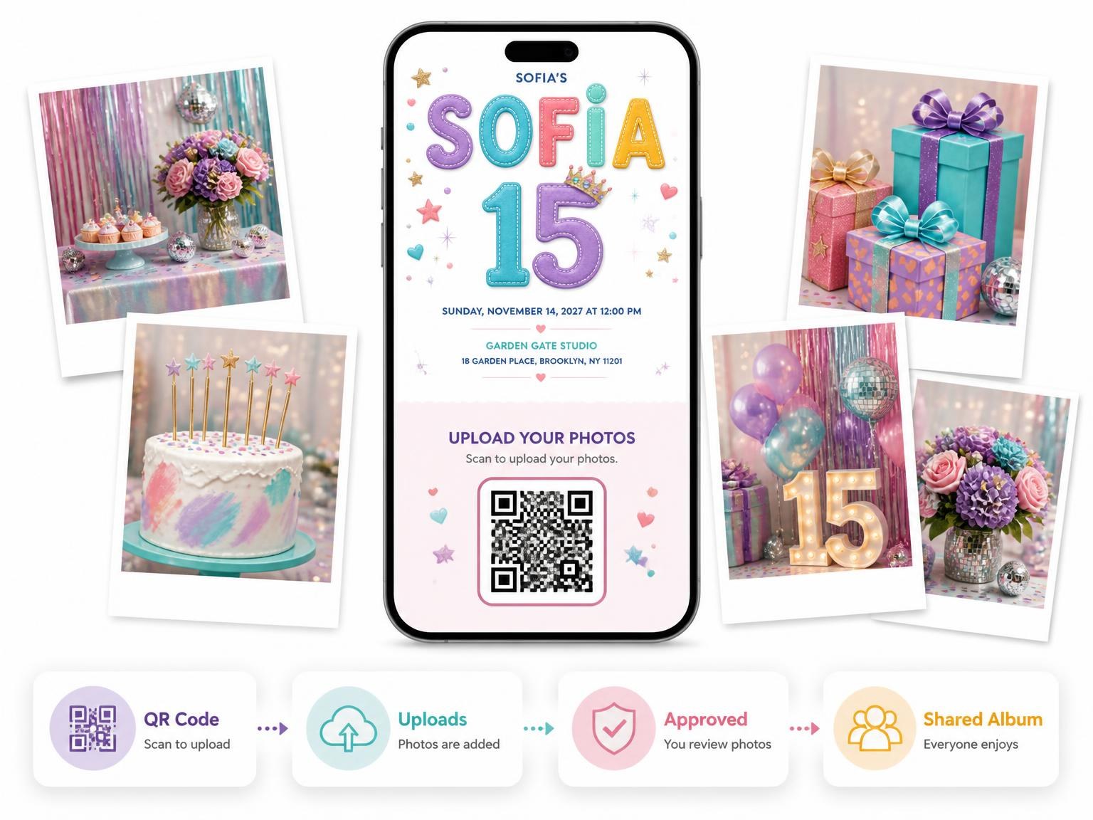 The shared photo gallery that comes with the Disco Ball 15th Birthday Party Invitation invitation
