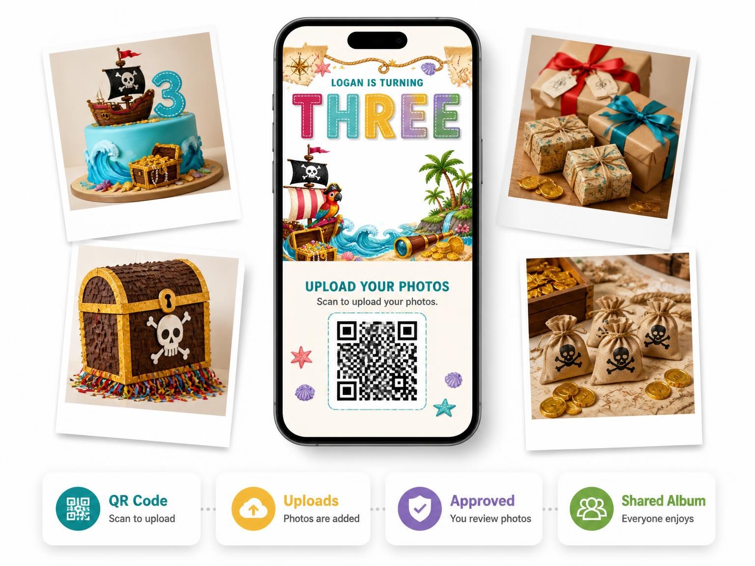 The shared photo gallery that comes with the Pirate Adventure 3rd Birthday Invitation invitation