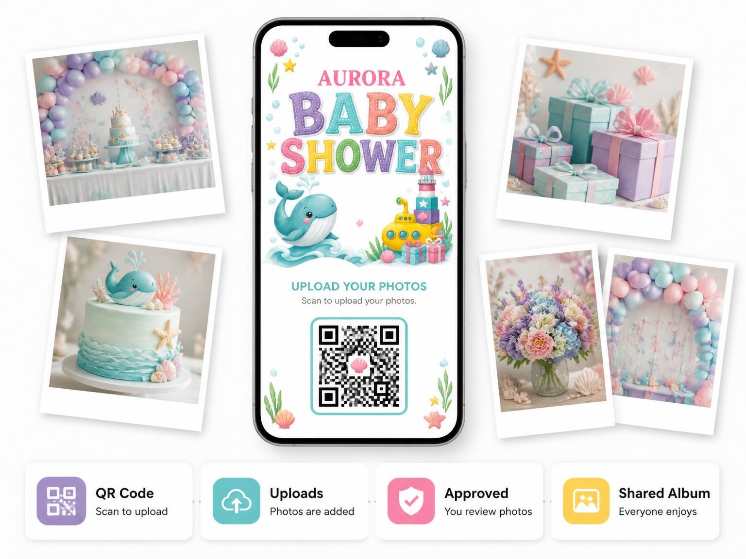 The shared photo gallery that comes with the Yellow Submarine Baby Shower Invitation invitation