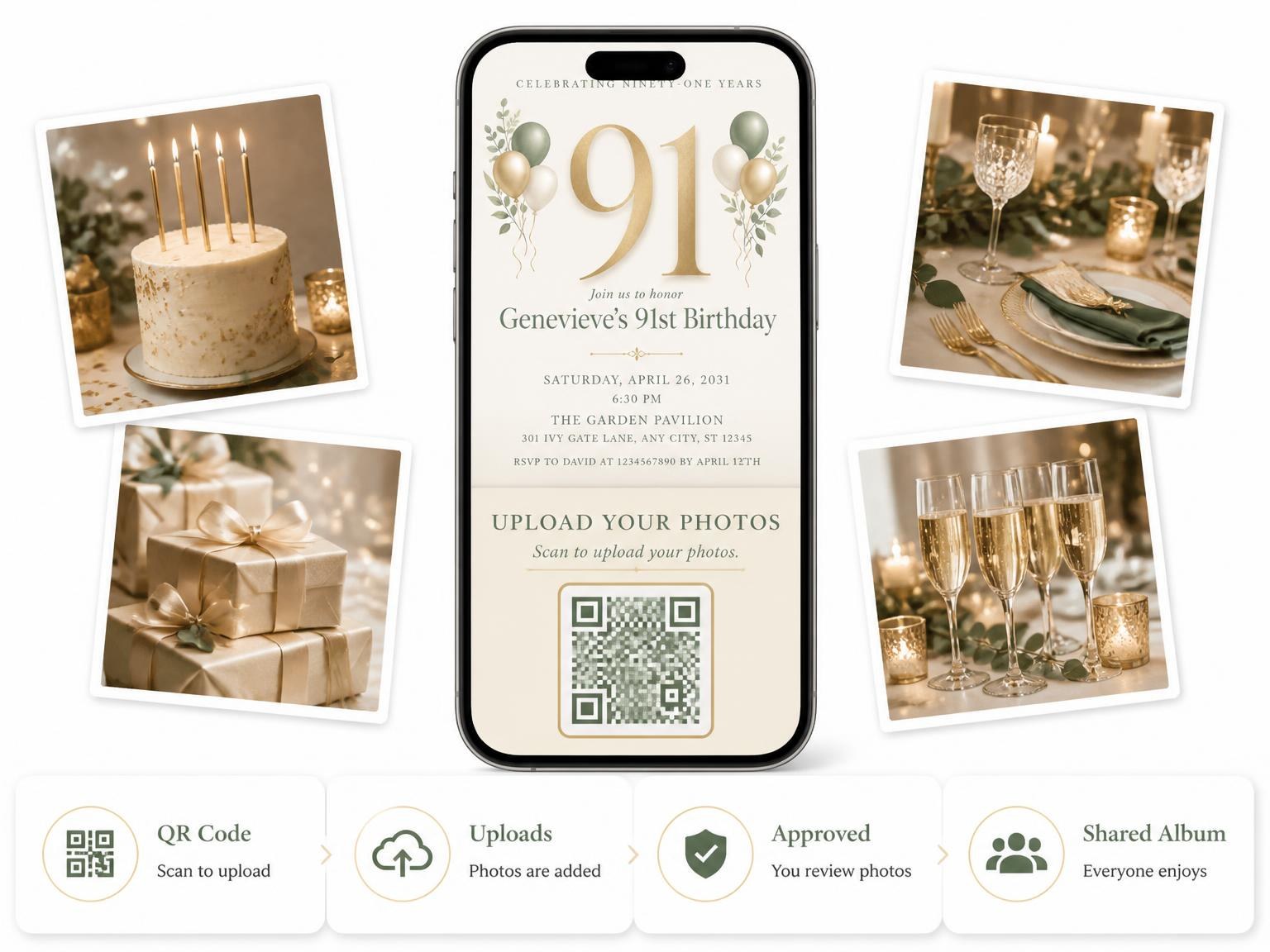The shared photo gallery that comes with the Sage and Ivory 91st Birthday Invitation invitation