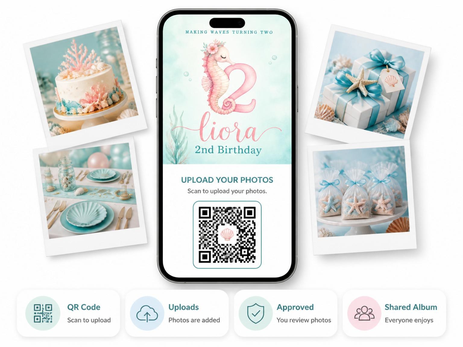 The shared photo gallery that comes with the Watercolor Seahorse Floral 2nd Birthday invitation