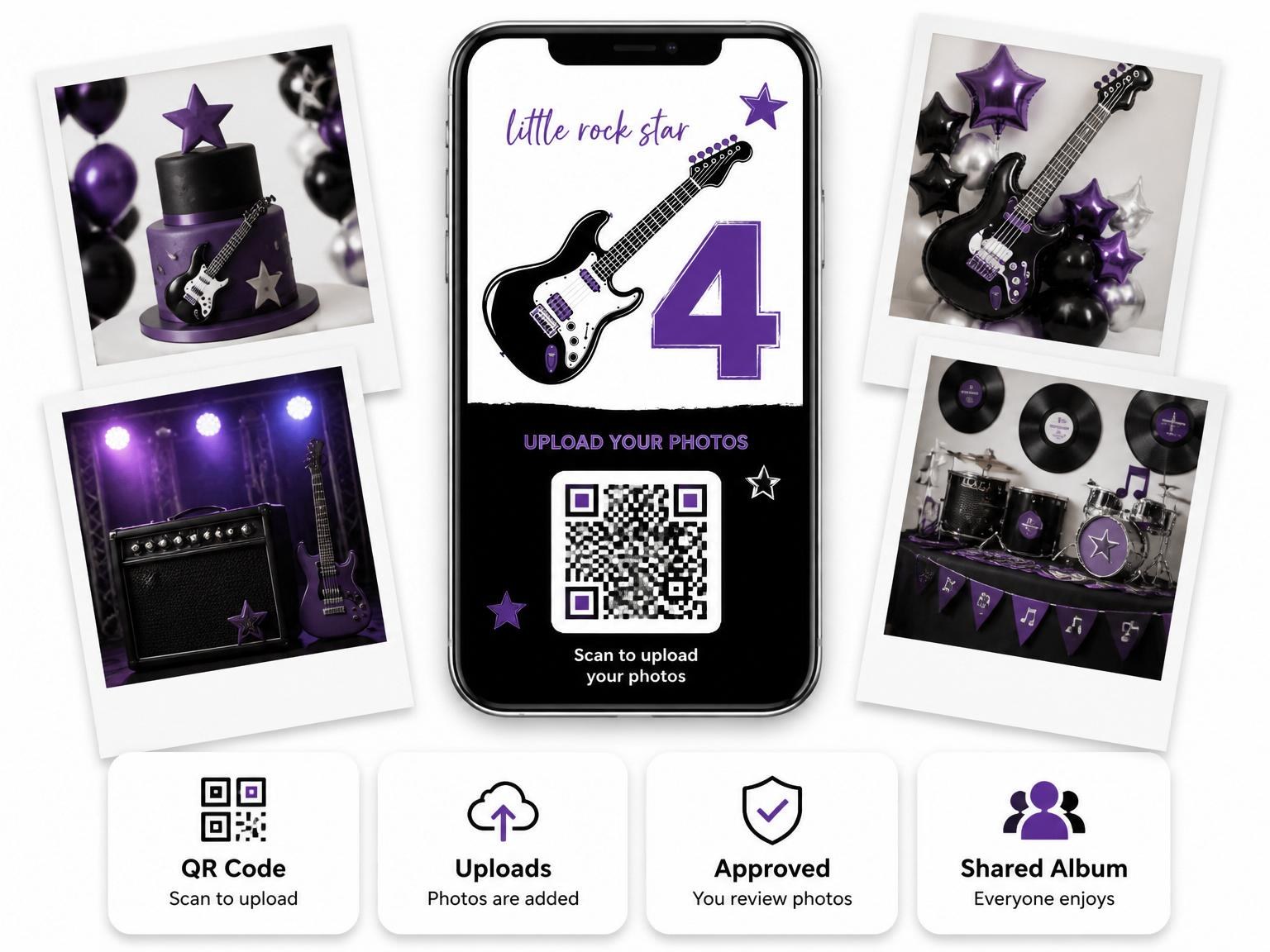 The shared photo gallery that comes with the Purple Electric Guitar 4th Birthday invitation