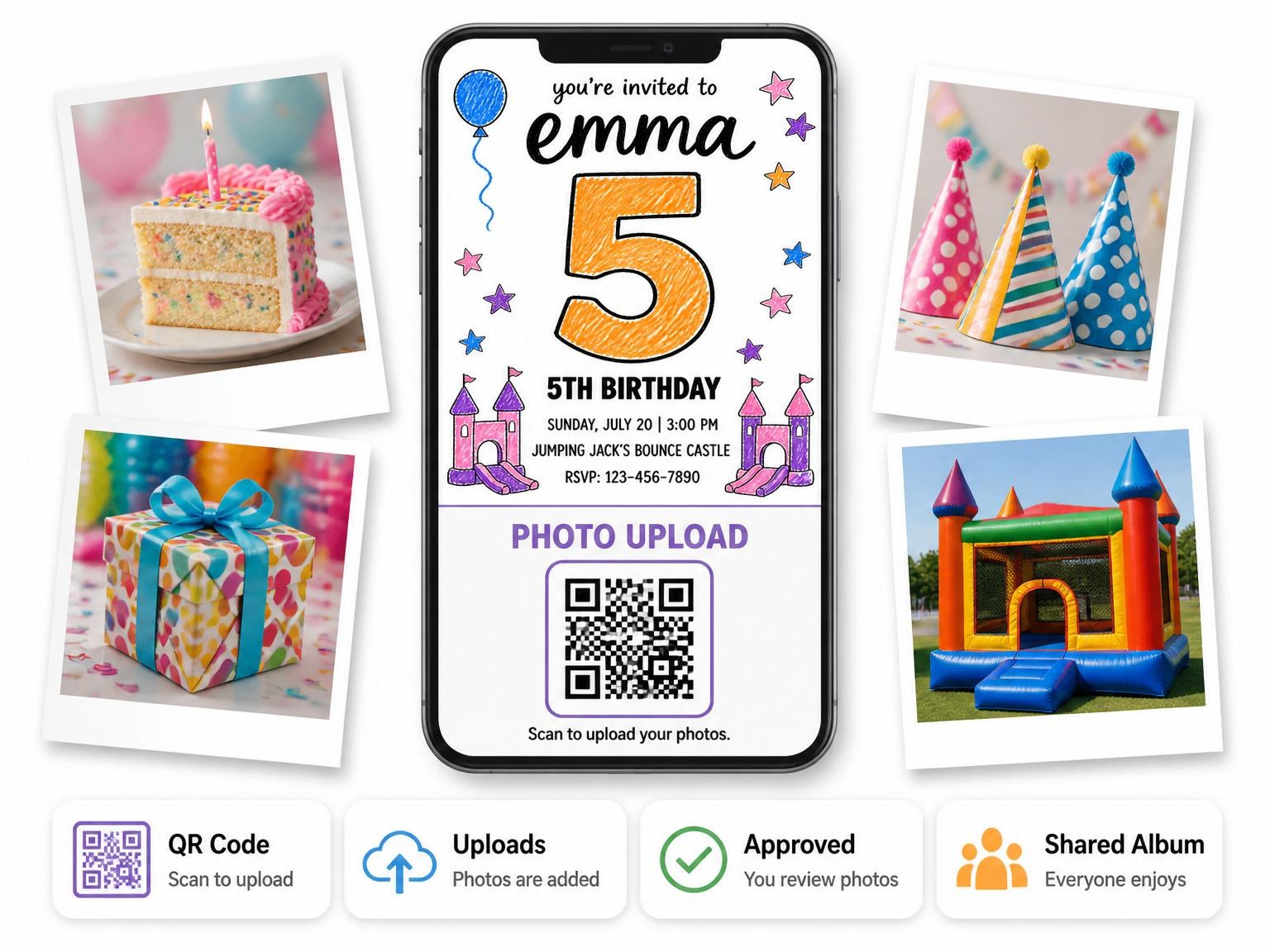 The shared photo gallery that comes with the Crayon Drawing Bouncy Castle 5th Birthday invitation