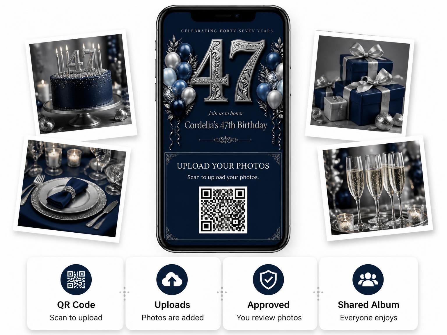 The shared photo gallery that comes with the Navy and Silver 47th Birthday Invitation invitation