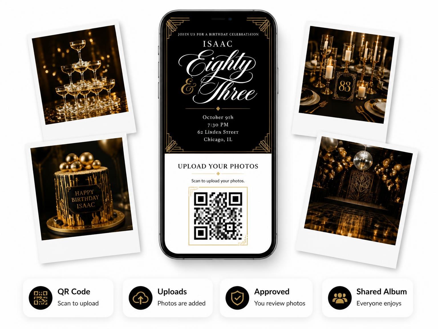 The shared photo gallery that comes with the Art Deco 83rd Birthday Invitation invitation