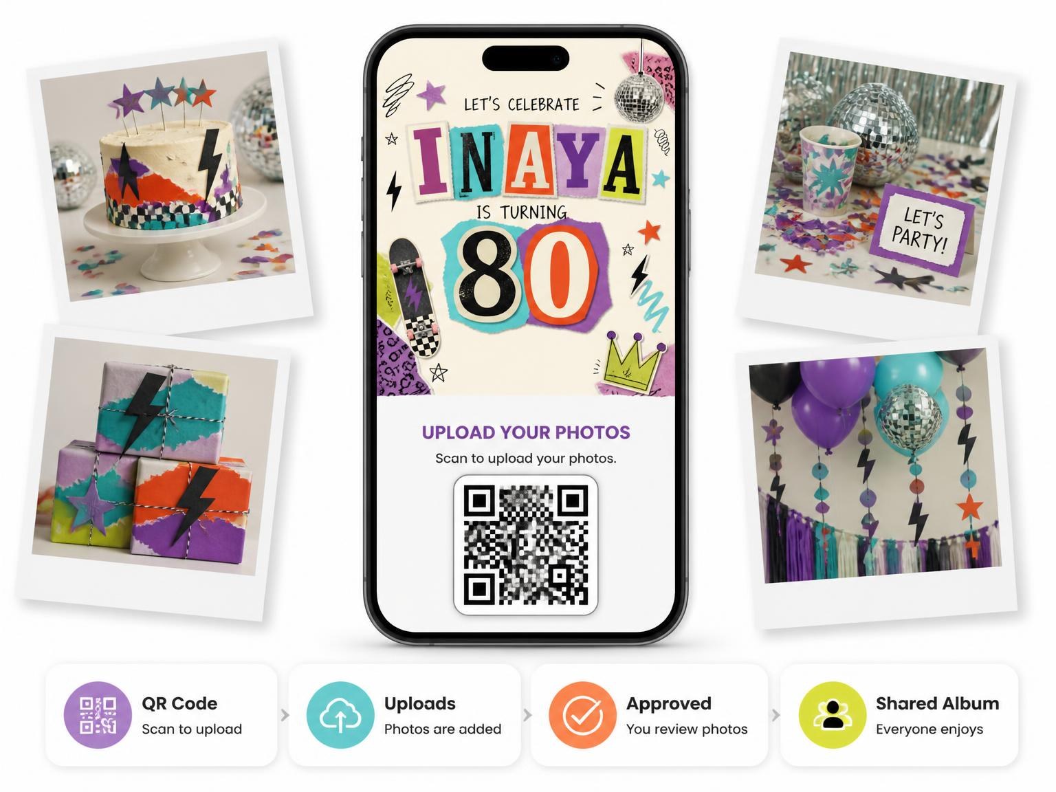 The shared photo gallery that comes with the Retro Paper Collage 80th Birthday Invitation invitation
