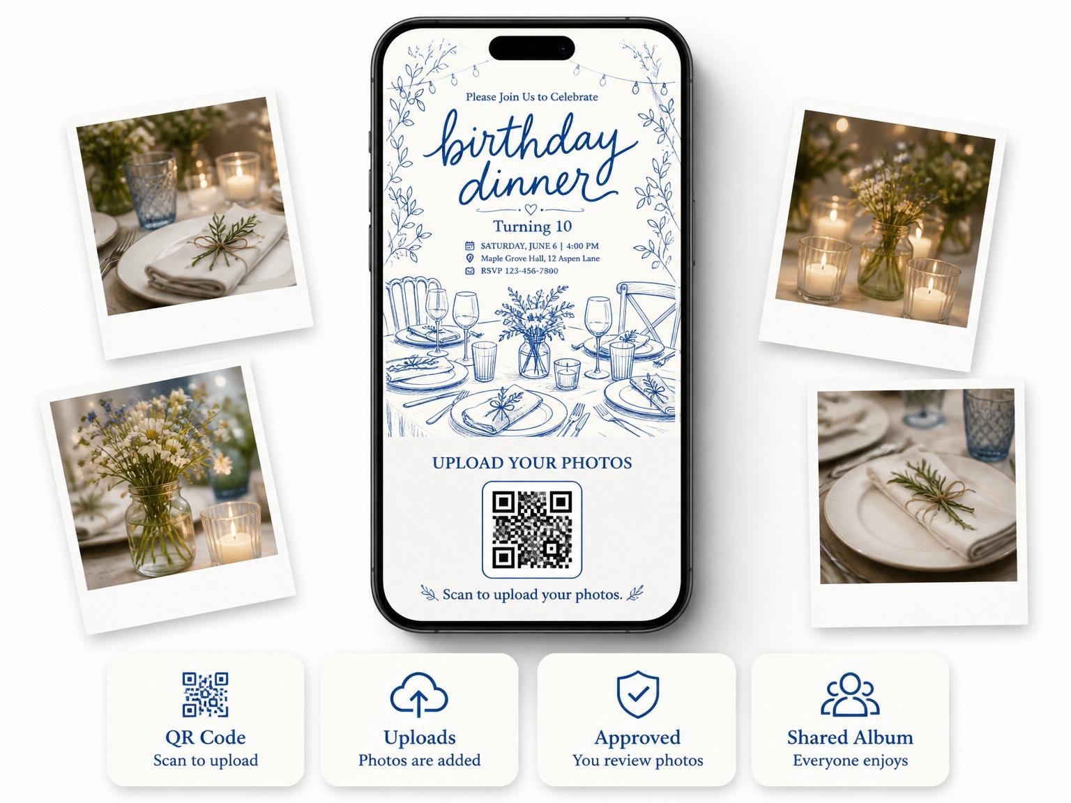 The shared photo gallery that comes with the Blue Line-Art Botanical 10th Birthday Dinner invitation