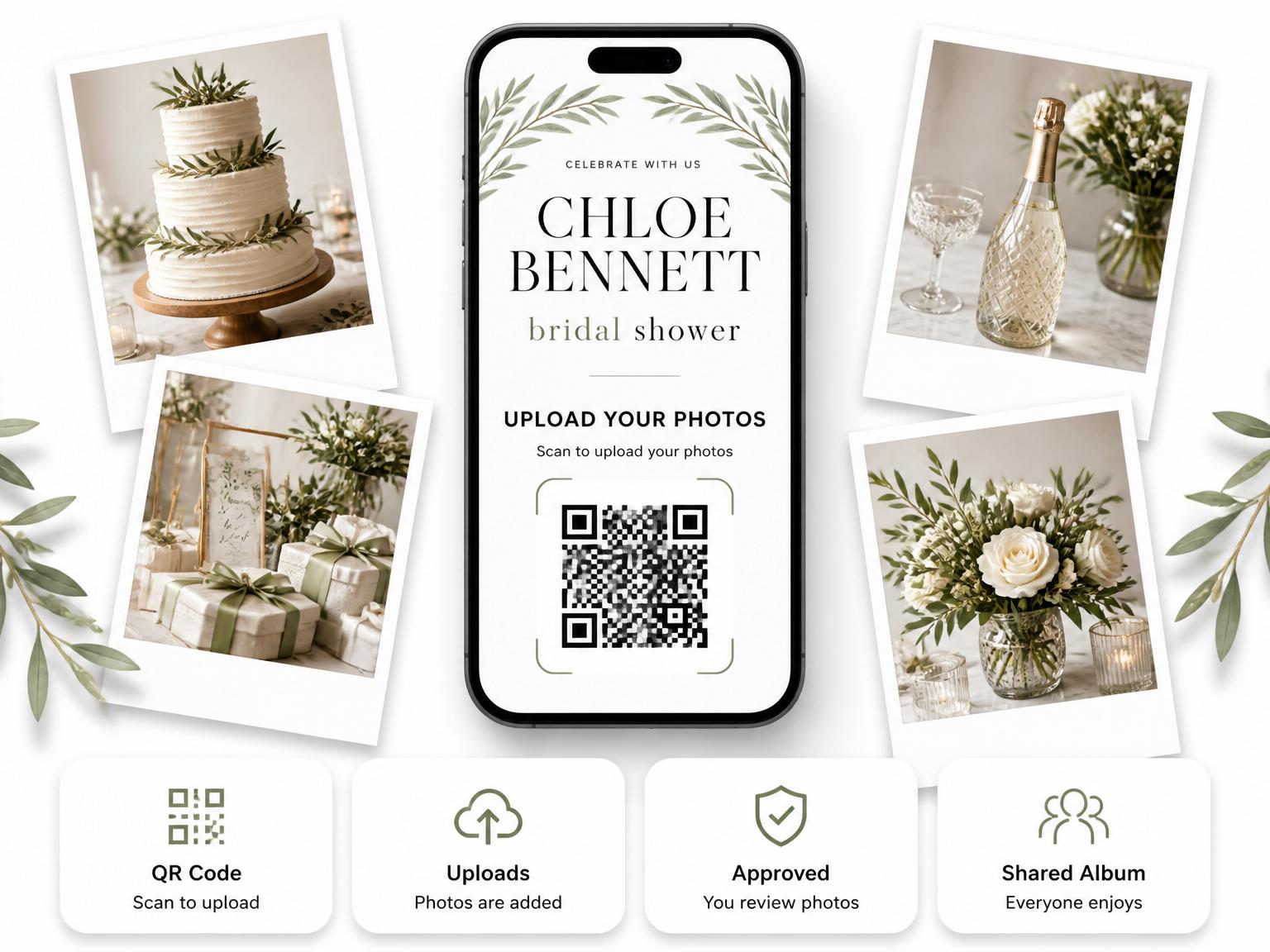 The shared photo gallery that comes with the Serene Olive Branch Bridal Shower invitation