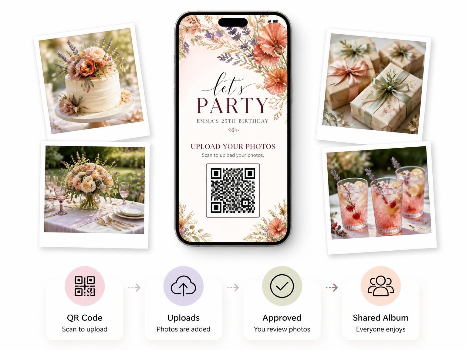 The shared photo gallery that comes with the Terracotta Arch Wash 25th Birthday Invitation invitation