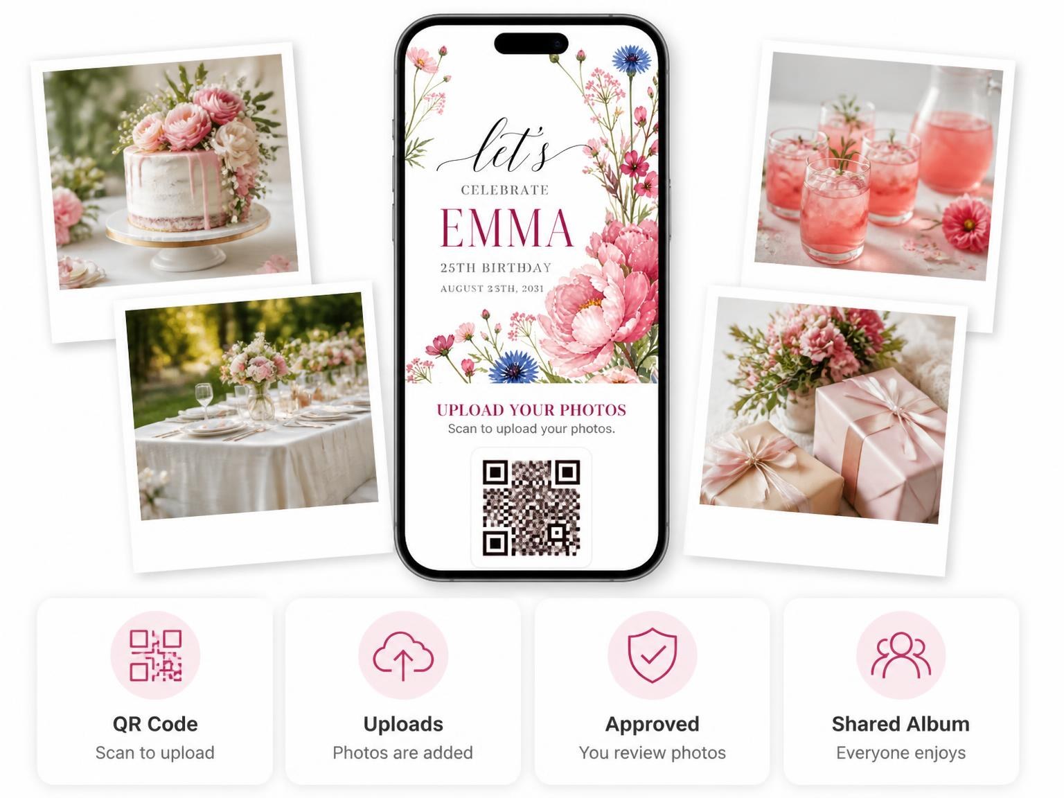 The shared photo gallery that comes with the Fuchsia Pink Peonies 25th Birthday Invitation invitation