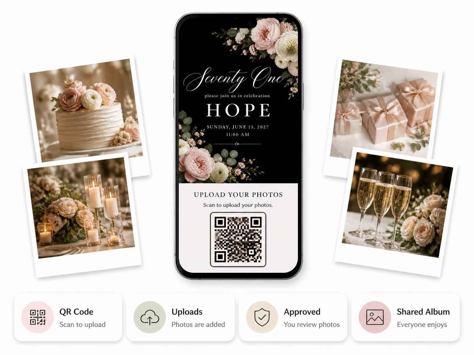 The shared photo gallery that comes with the Black Floral 71st Birthday Invitation invitation