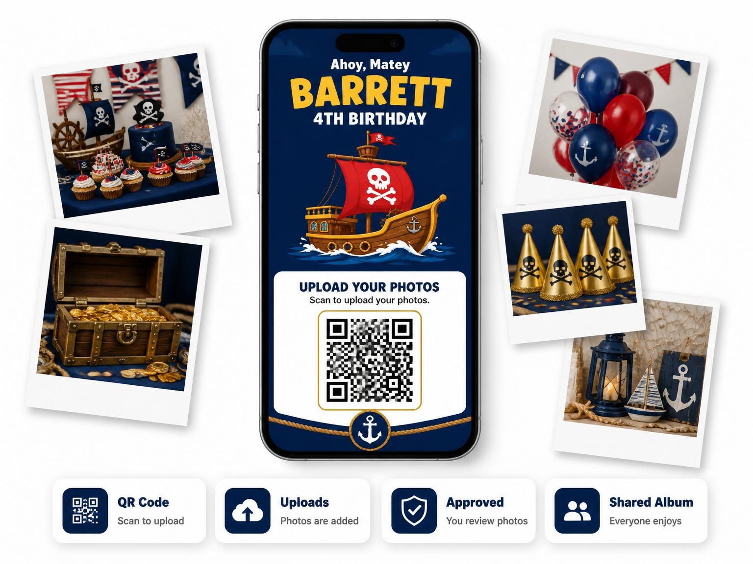 The shared photo gallery that comes with the Navy Pirate Ship Kids Birthday invitation