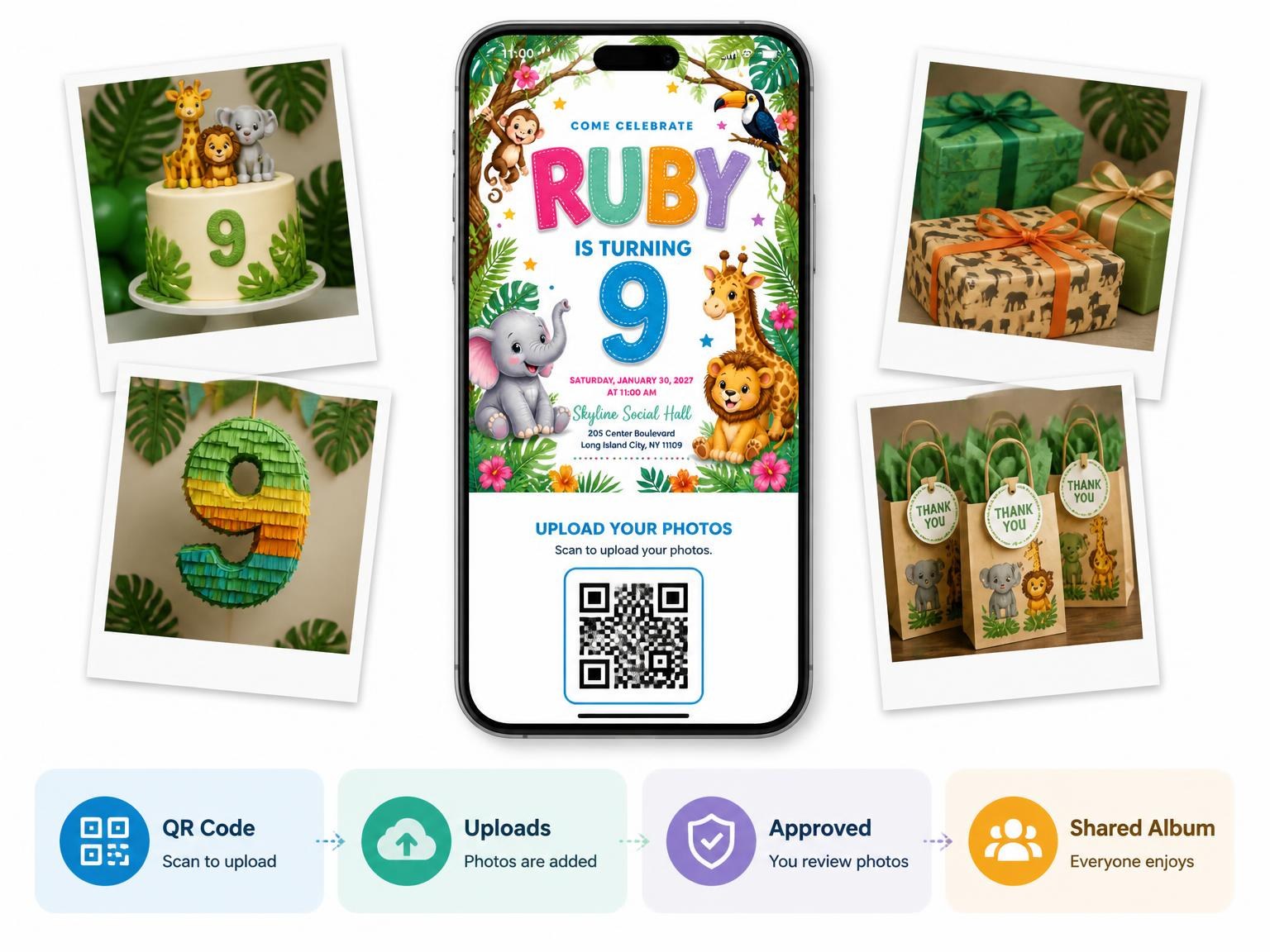 The shared photo gallery that comes with the Stitched Safari 9th Birthday Invitation invitation