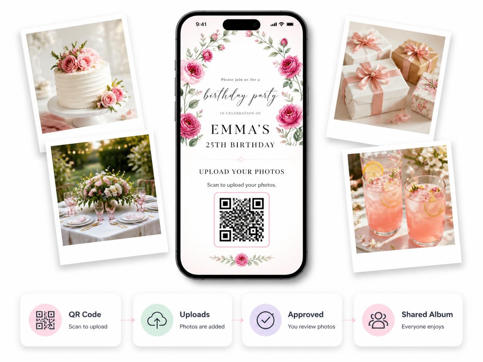 The shared photo gallery that comes with the Fuchsia Rose Wreath 25th Birthday Invitation invitation