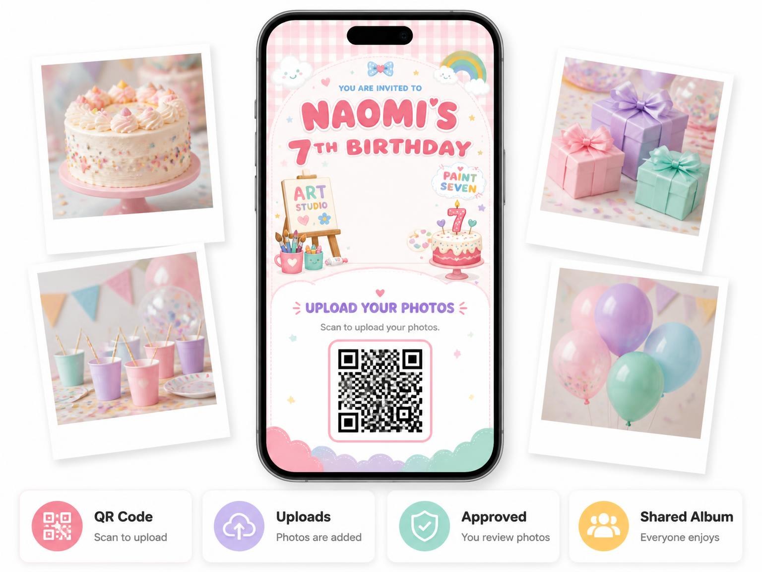 The shared photo gallery that comes with the Studio Easel Kawaii 7th Birthday Invitation invitation